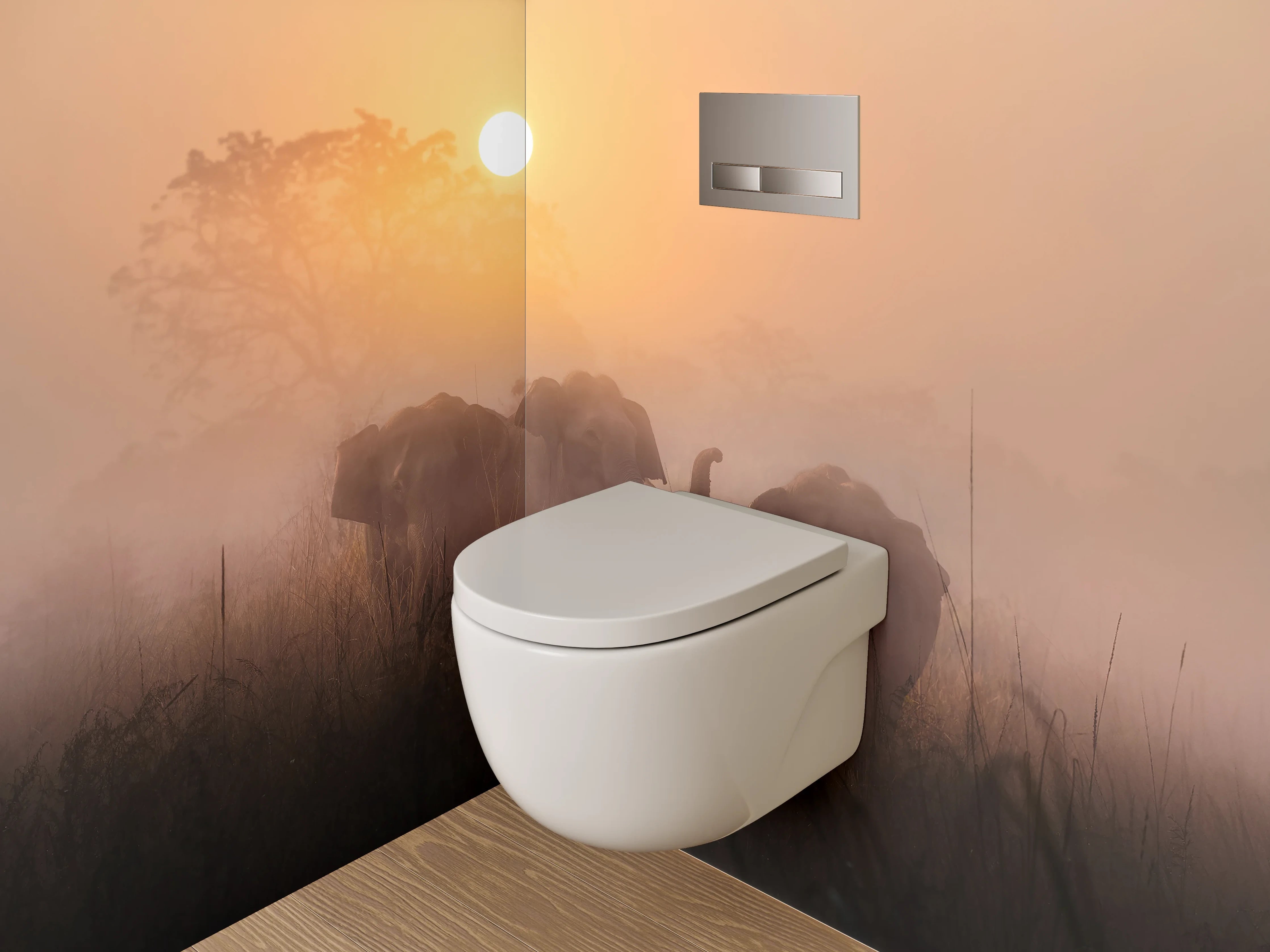WC-Rückwand - Elefanten im Sonnenaufgang Savanne
