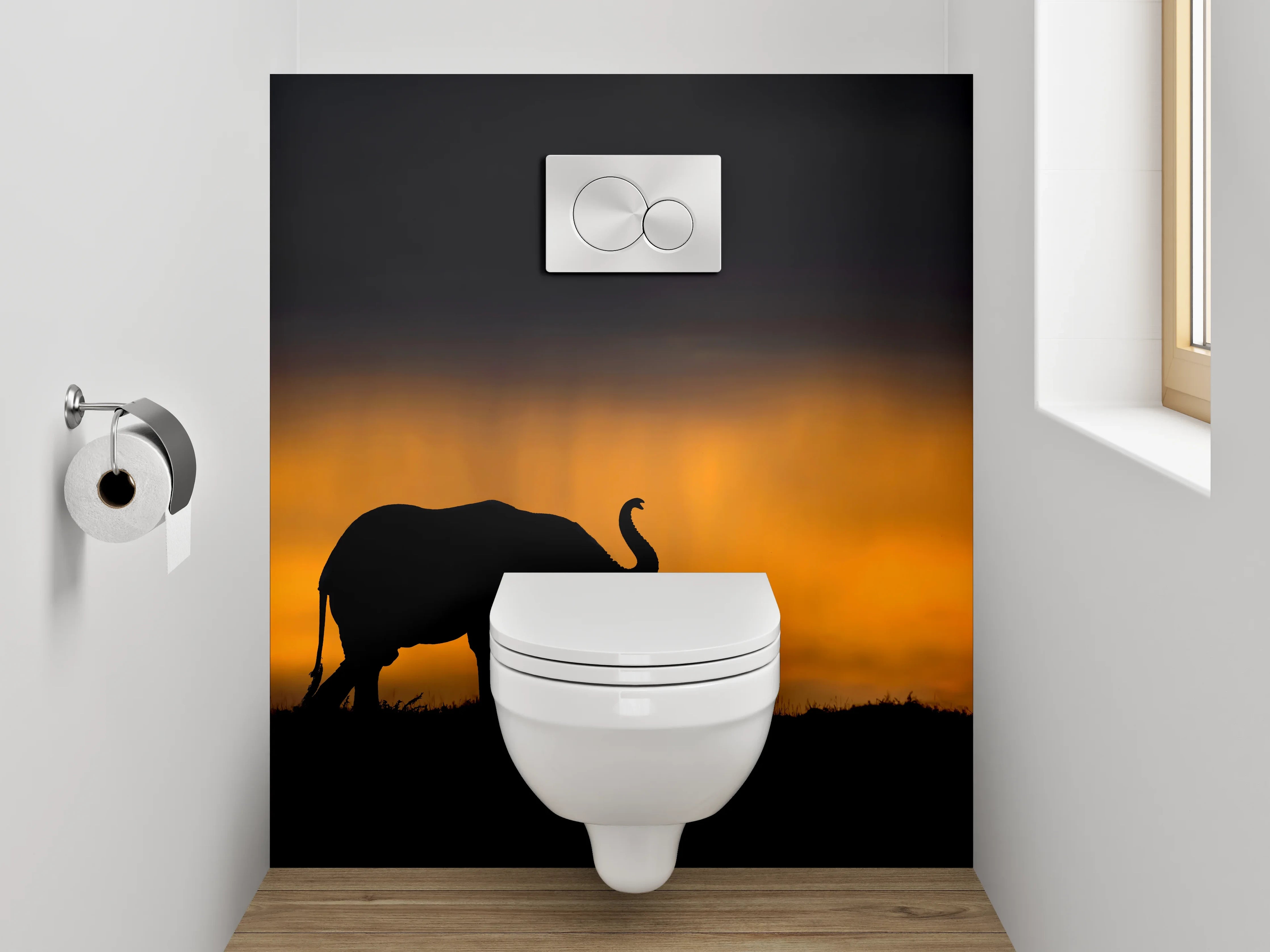 WC-Rückwand - Elefantensilhouette bei Sonnenuntergang