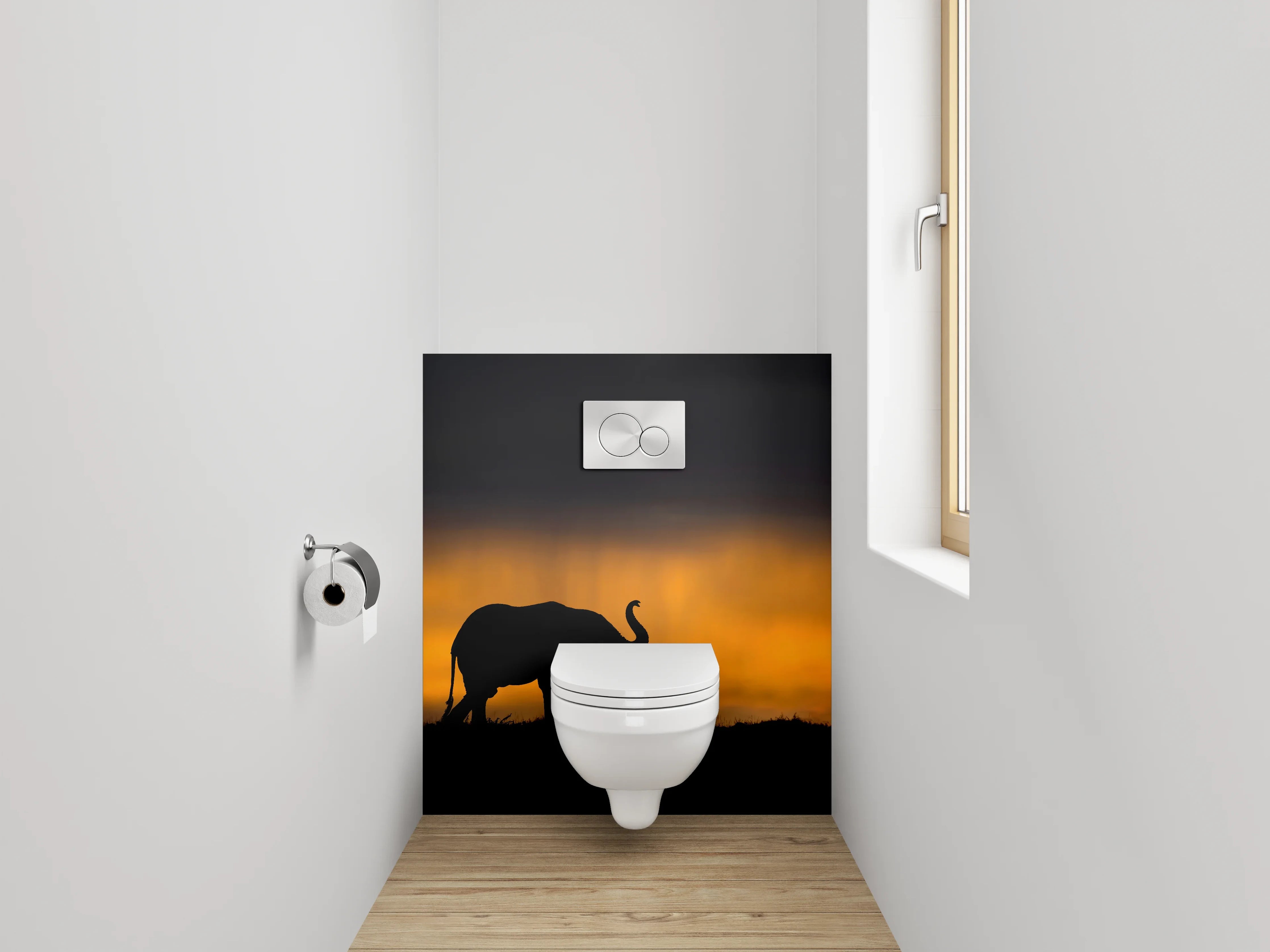 WC-Rückwand - Elefantensilhouette bei Sonnenuntergang