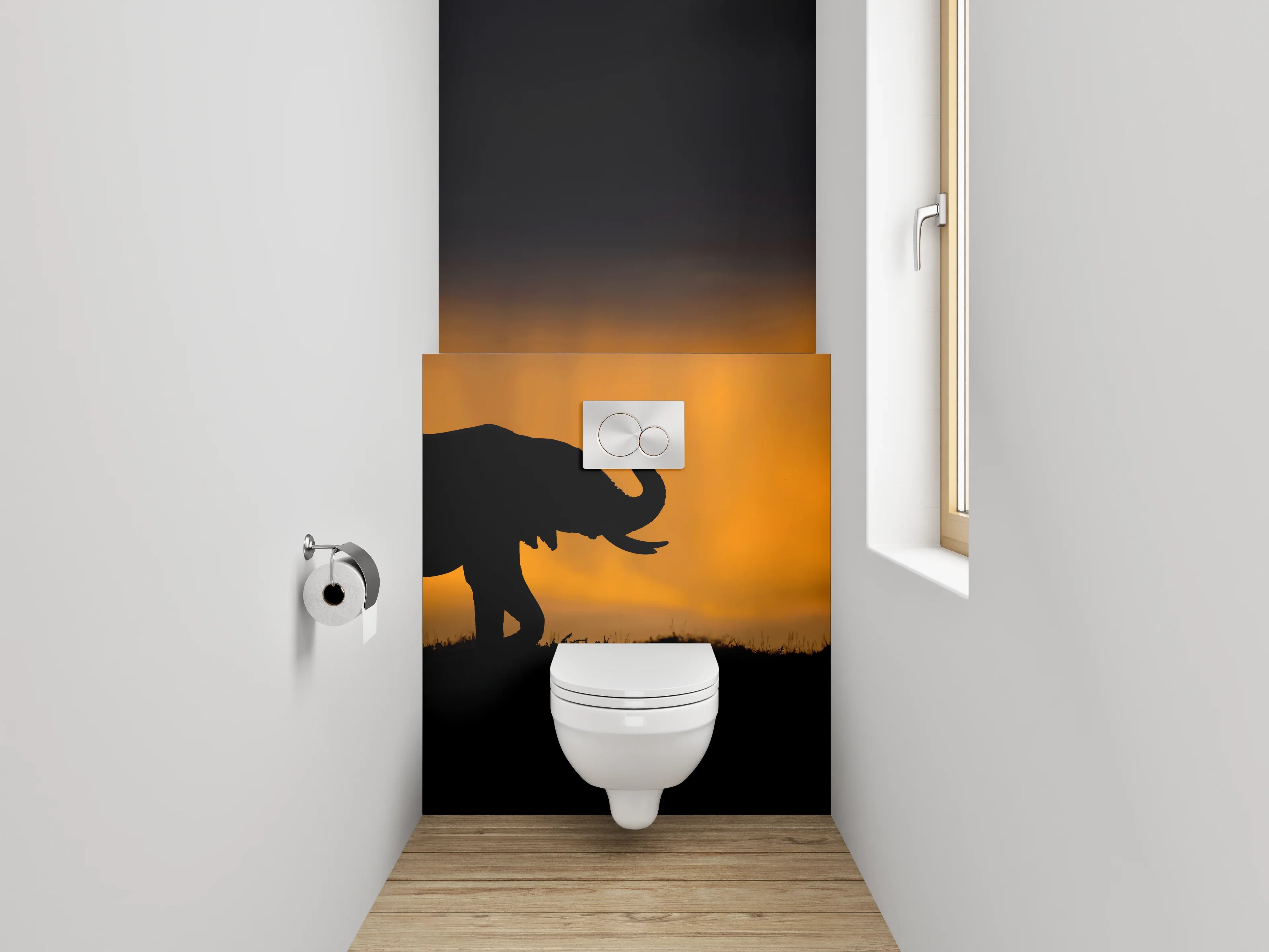 WC-Rückwand - Elefantensilhouette bei Sonnenuntergang