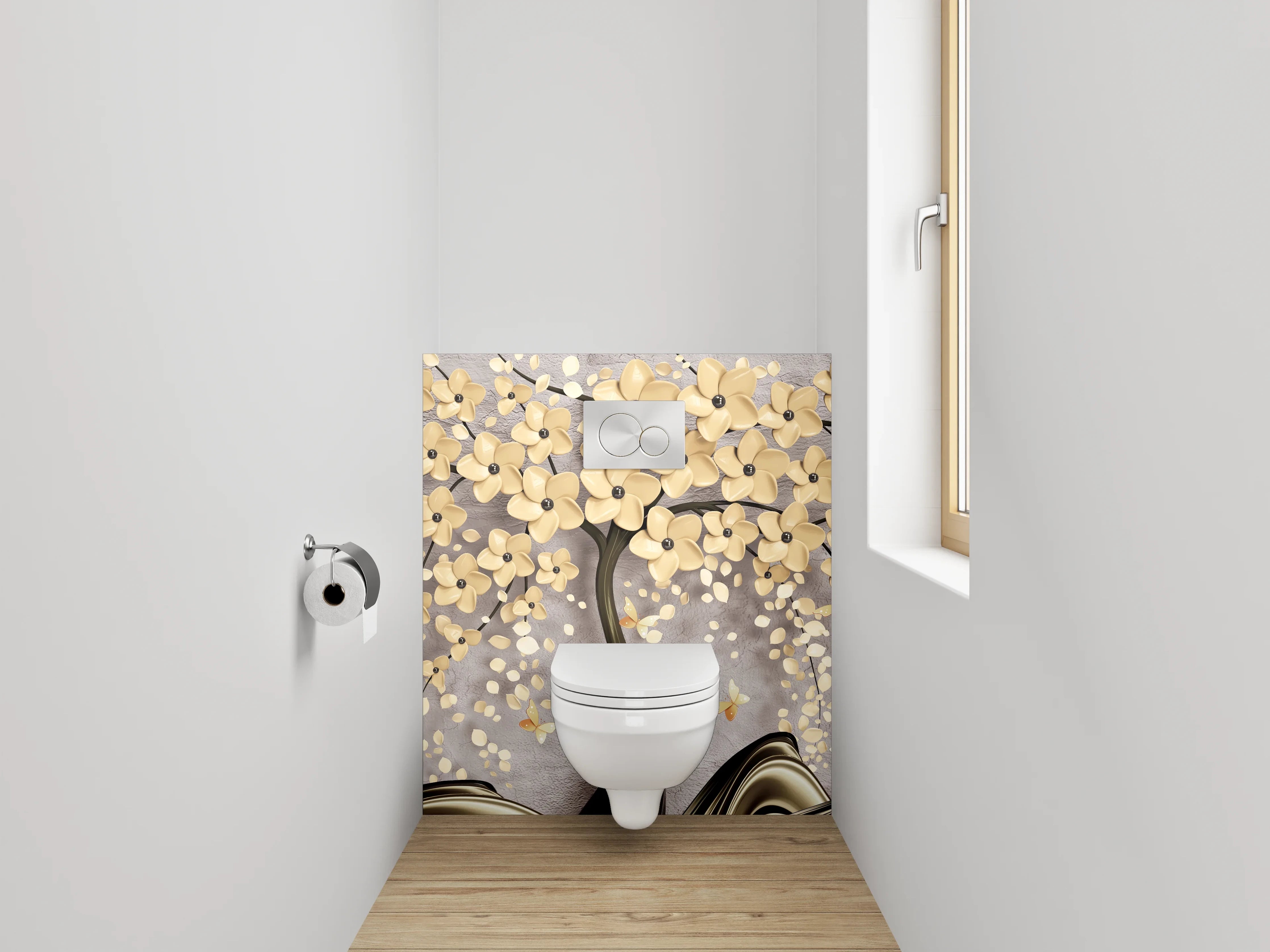 WC-Rückwand - Elegante 3D-Blütenbaum mit Rehen Motiv