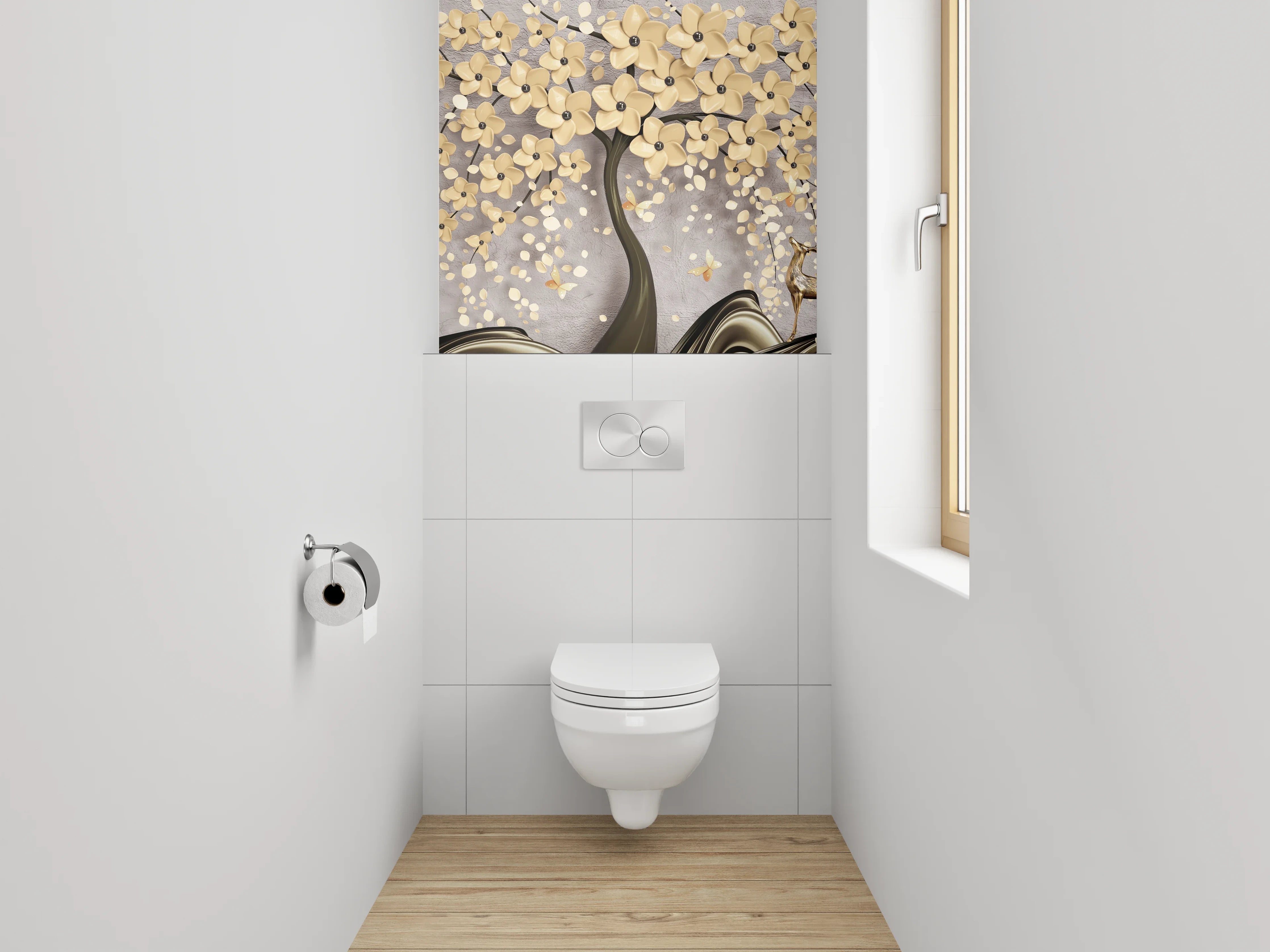 WC-Rückwand - Elegante 3D-Blütenbaum mit Rehen Motiv
