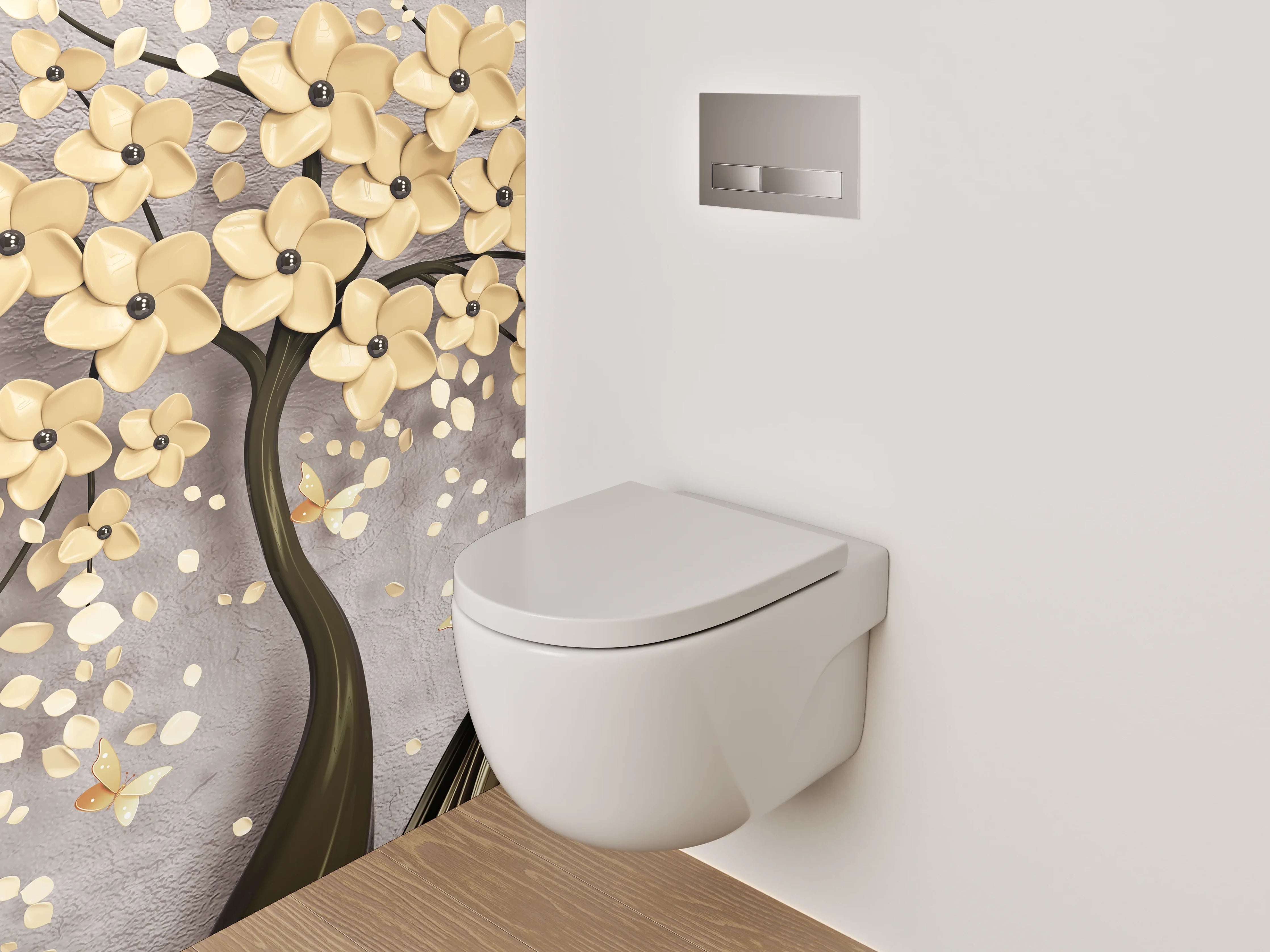 WC-Rückwand - Elegante 3D-Blütenbaum mit Rehen Motiv