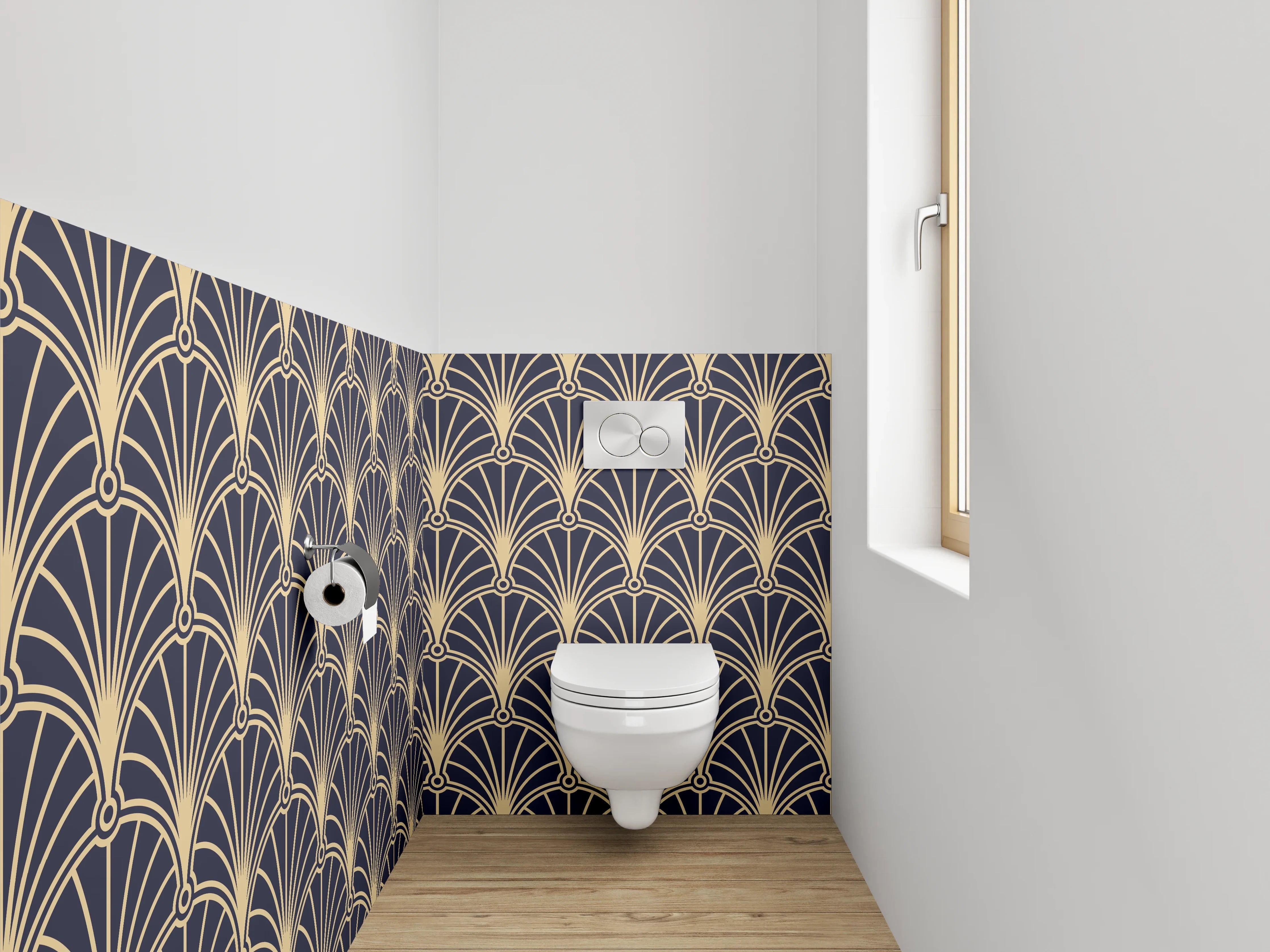 WC-Rückwand - Elegante Art-déco-Grafik in Schwarz, Gold und Grauweiß