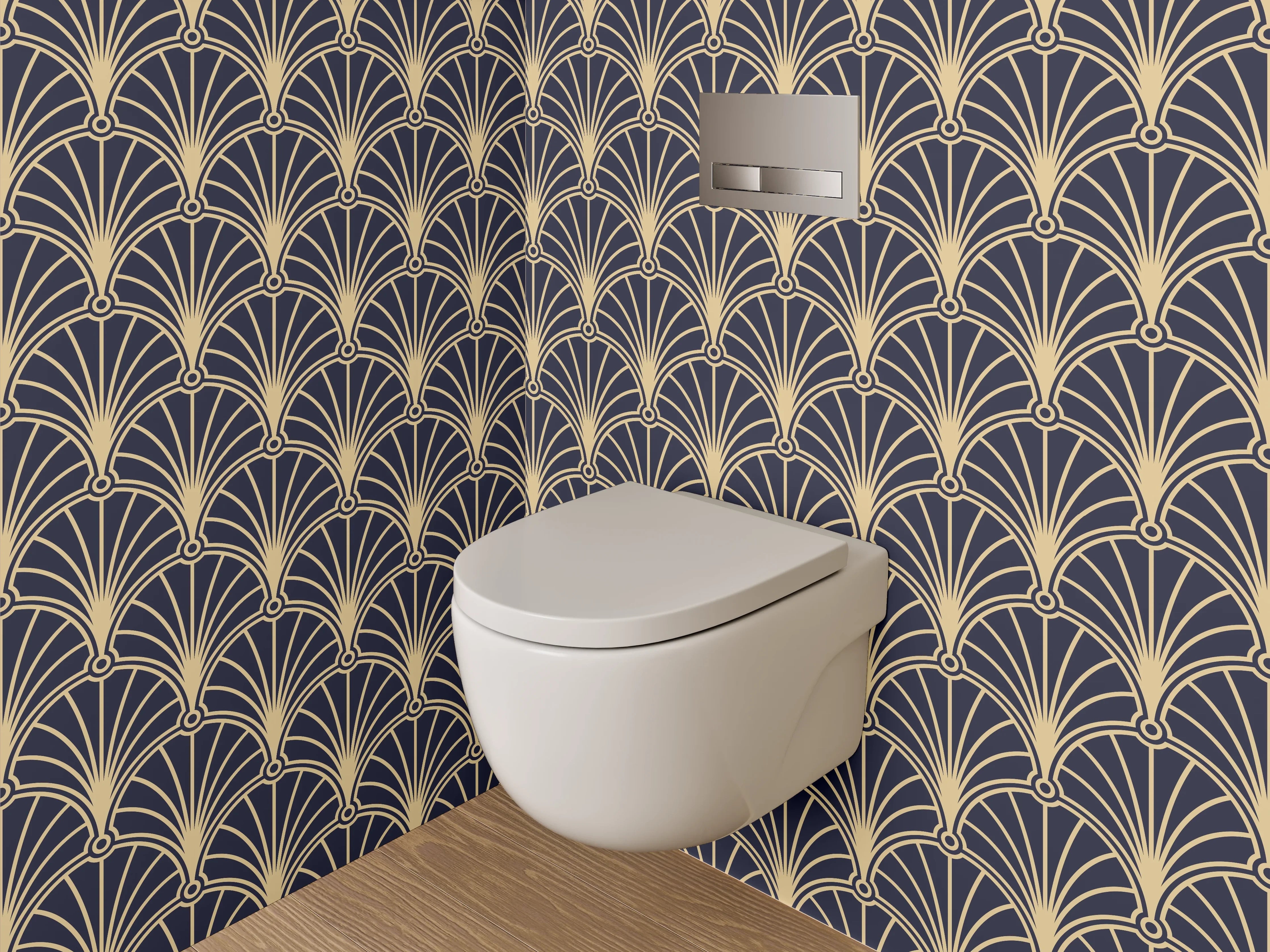 WC-Rückwand - Elegante Art-déco-Grafik in Schwarz, Gold und Grauweiß