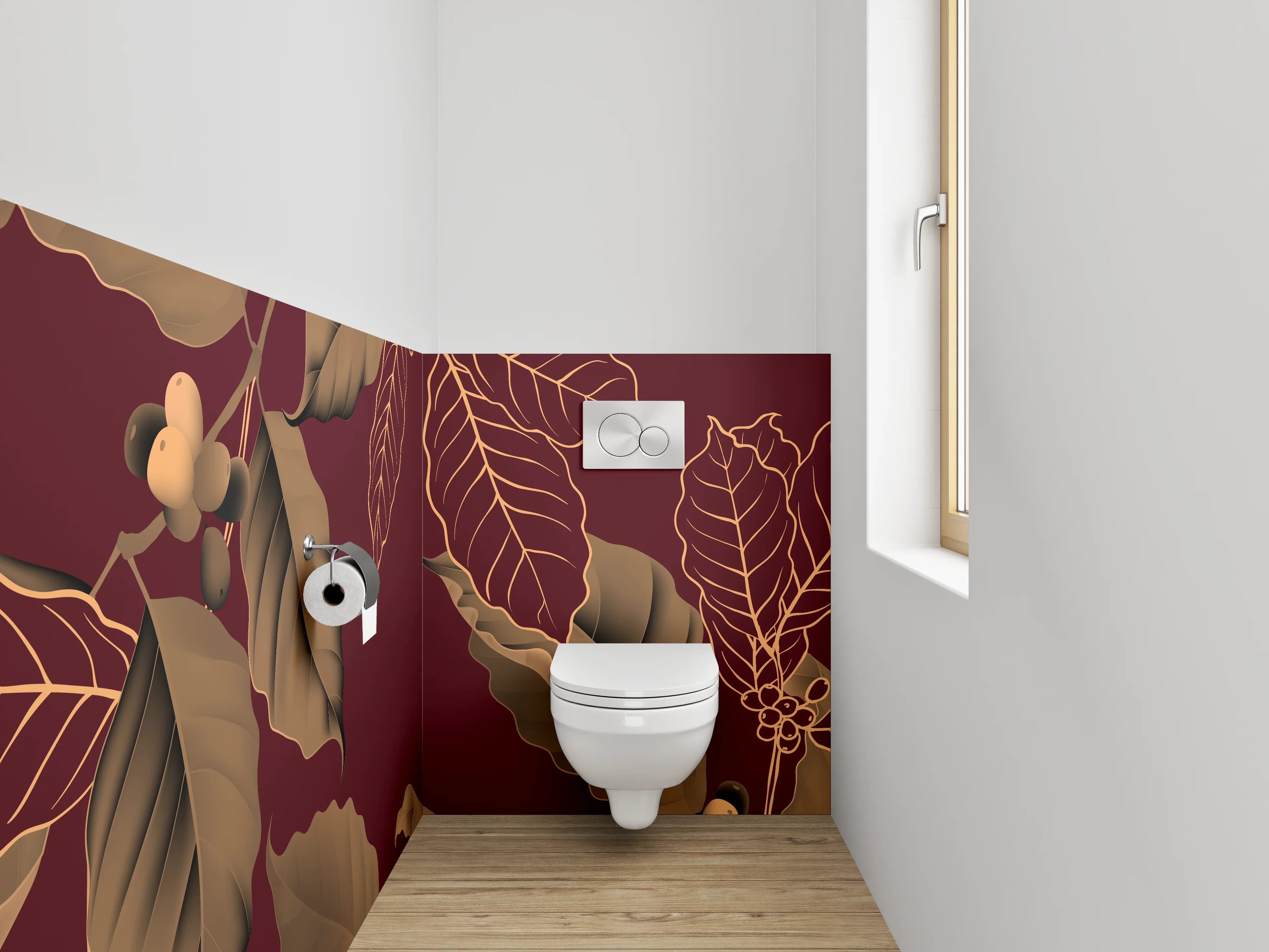 WC-Rückwand - Elegante Blätter auf Bordeauxrot