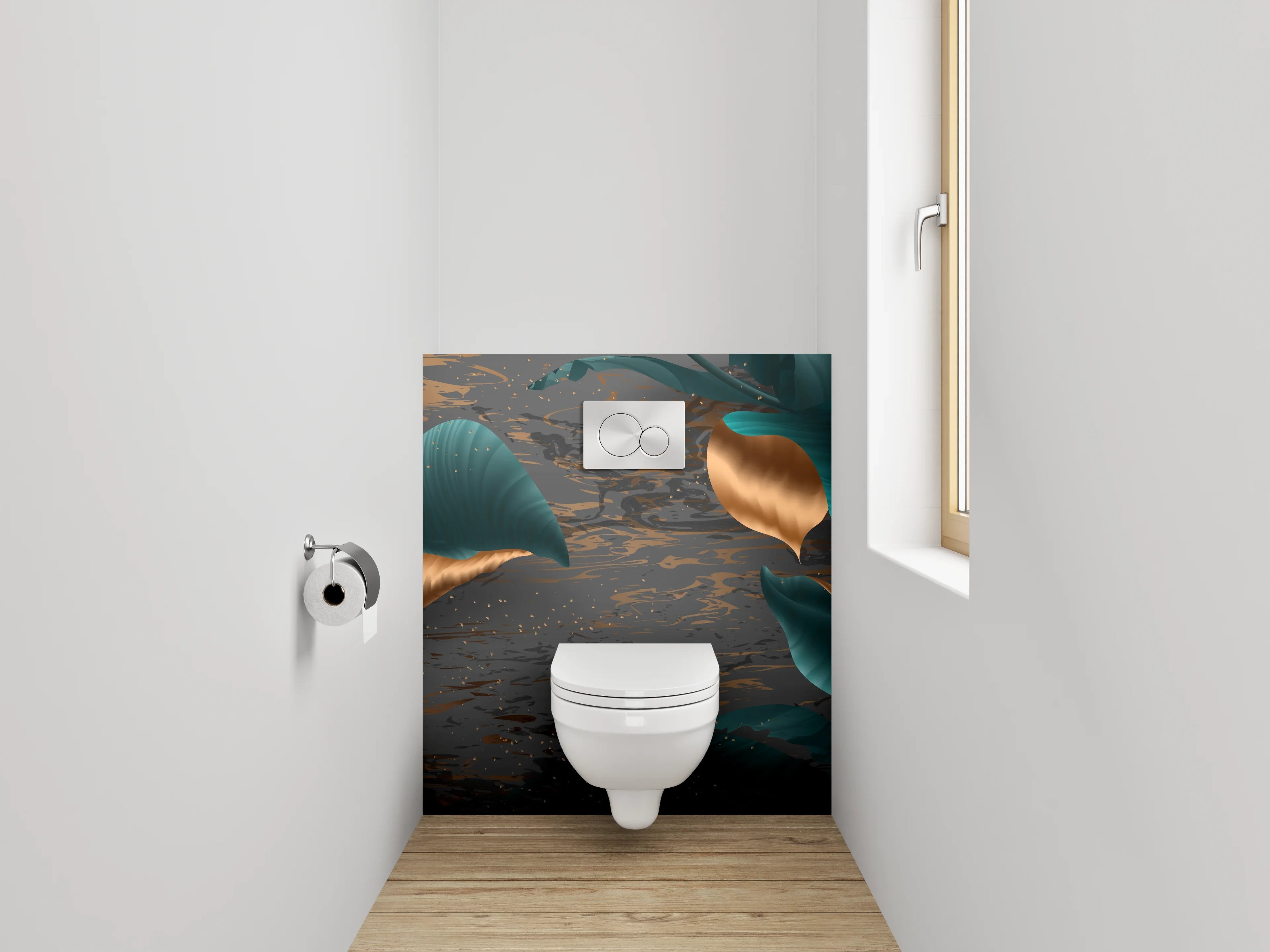 WC-Rückwand - Elegante Blätter in Gold und Türkis