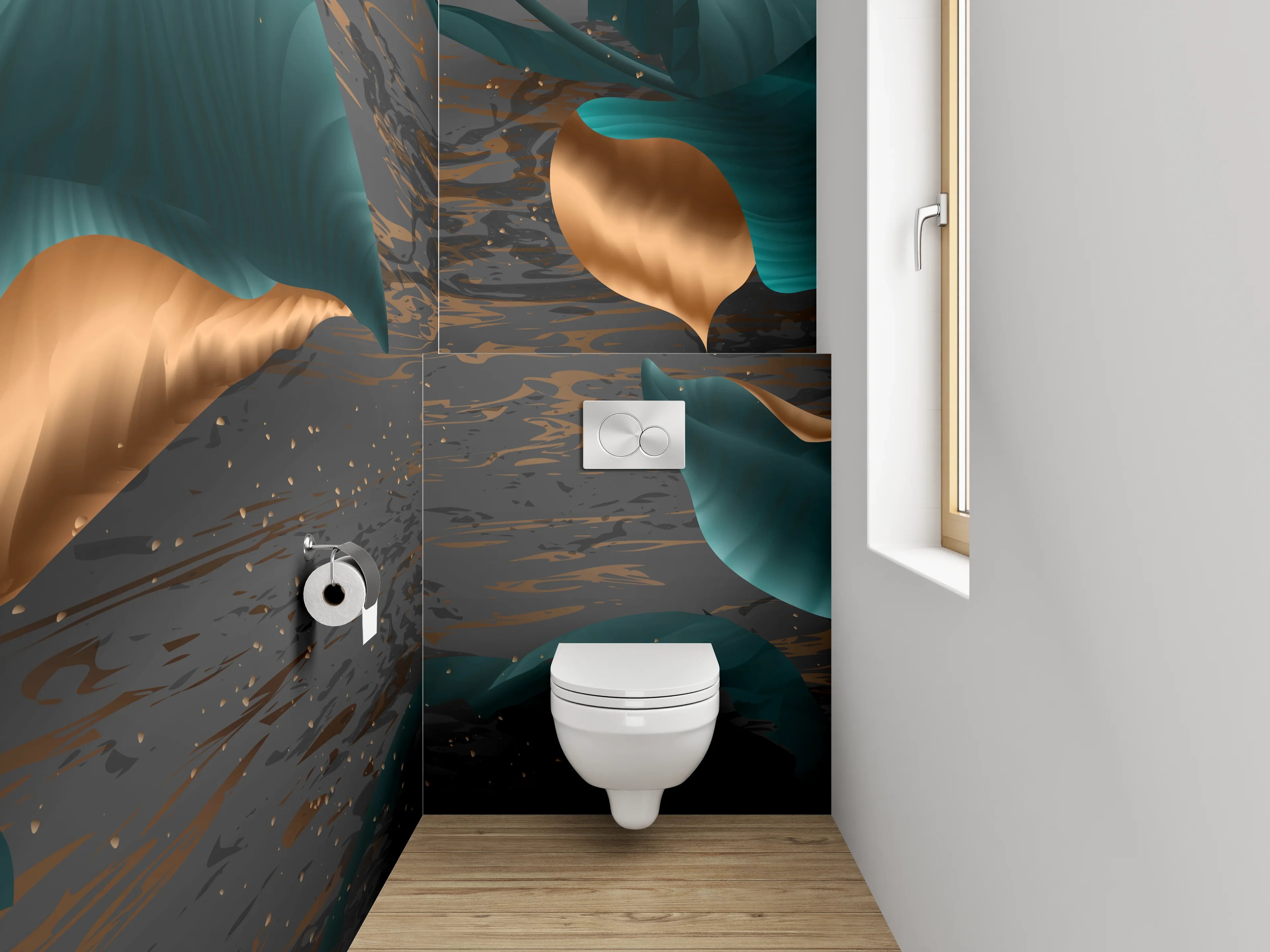 WC-Rückwand - Elegante Blätter in Gold und Türkis