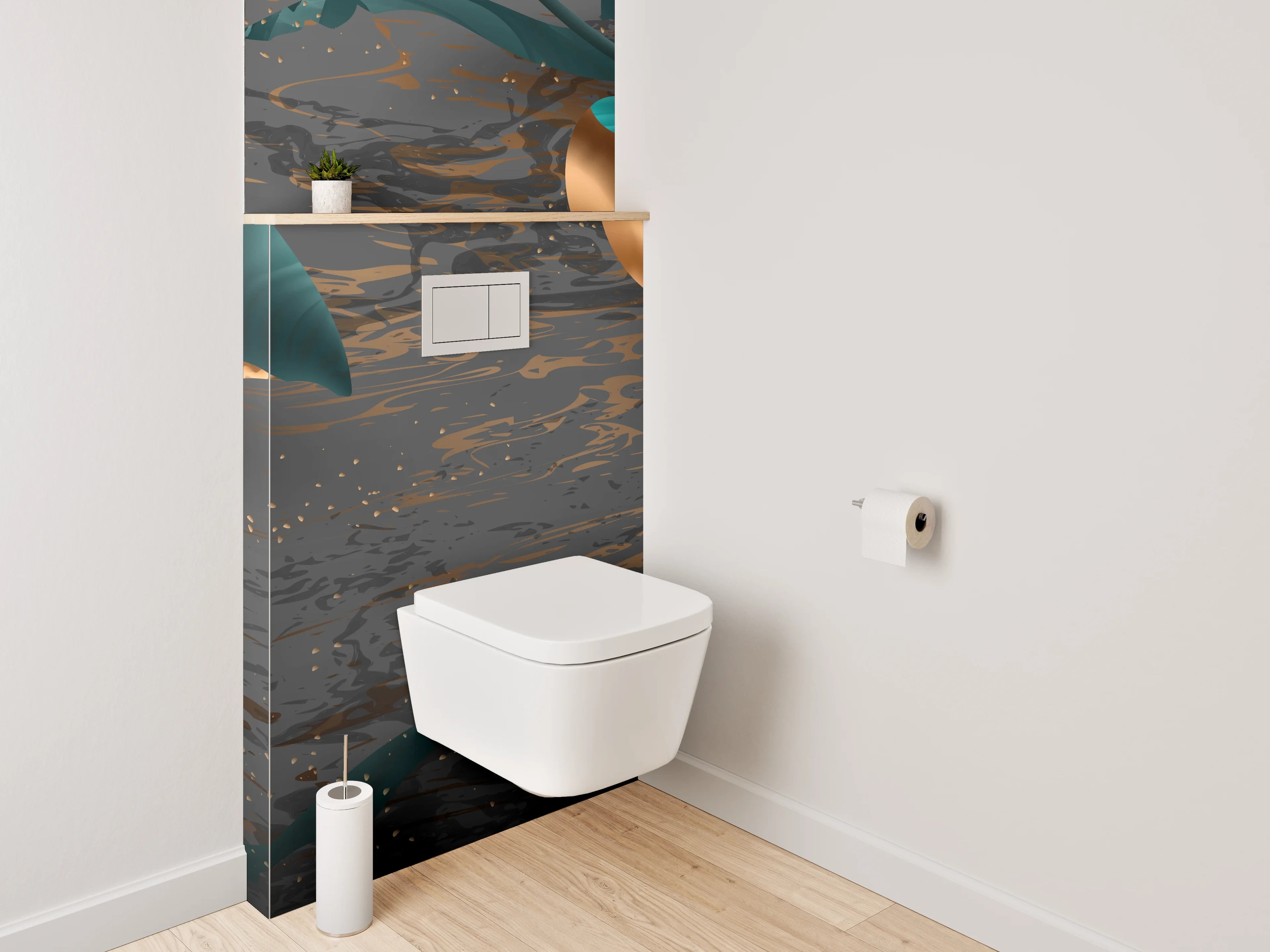 WC-Rückwand - Elegante Blätter in Gold und Türkis