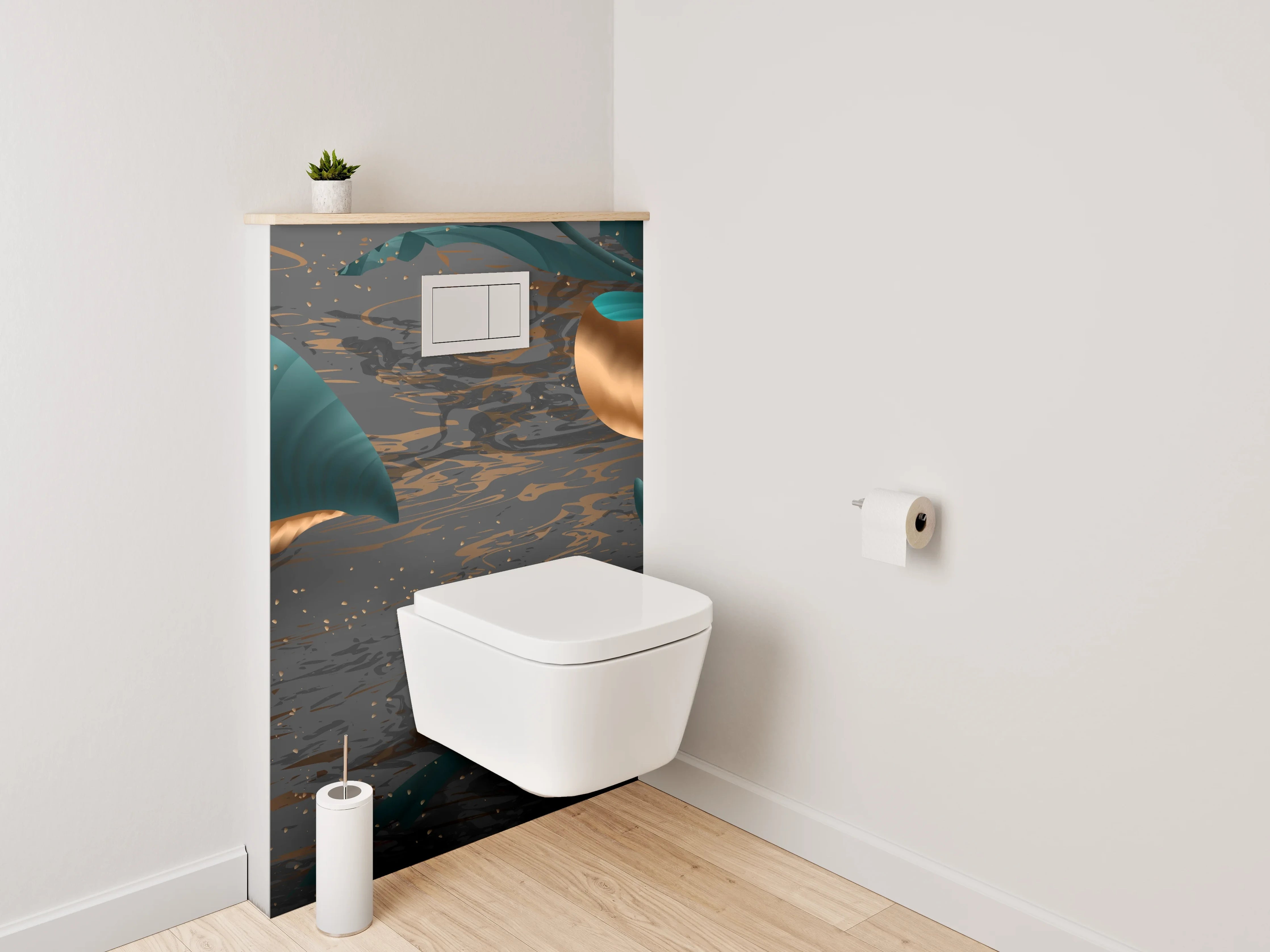WC-Rückwand - Elegante Blätter in Gold und Türkis