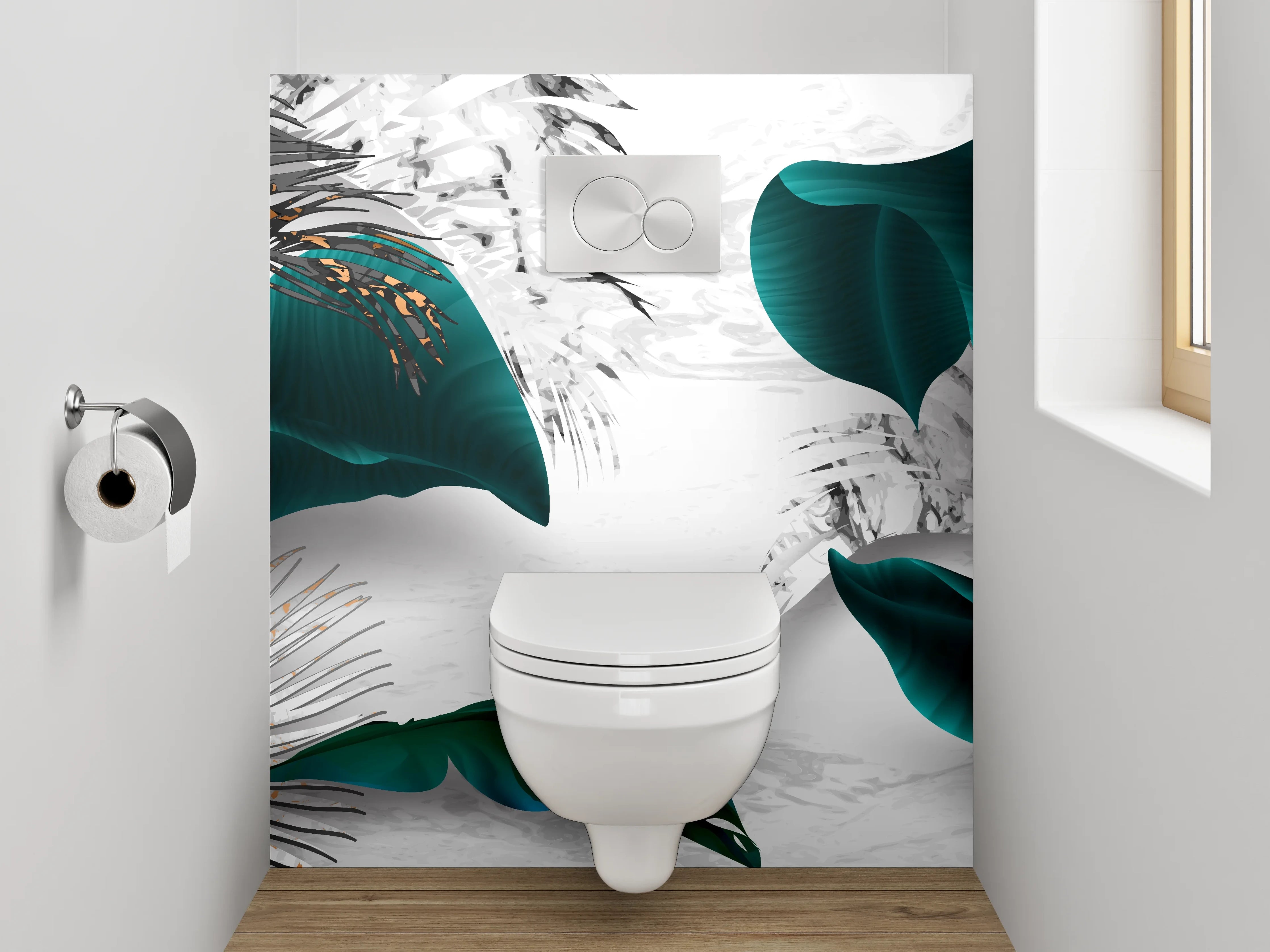 WC-Rückwand - Elegante Blattgold-Kunst auf Weiß