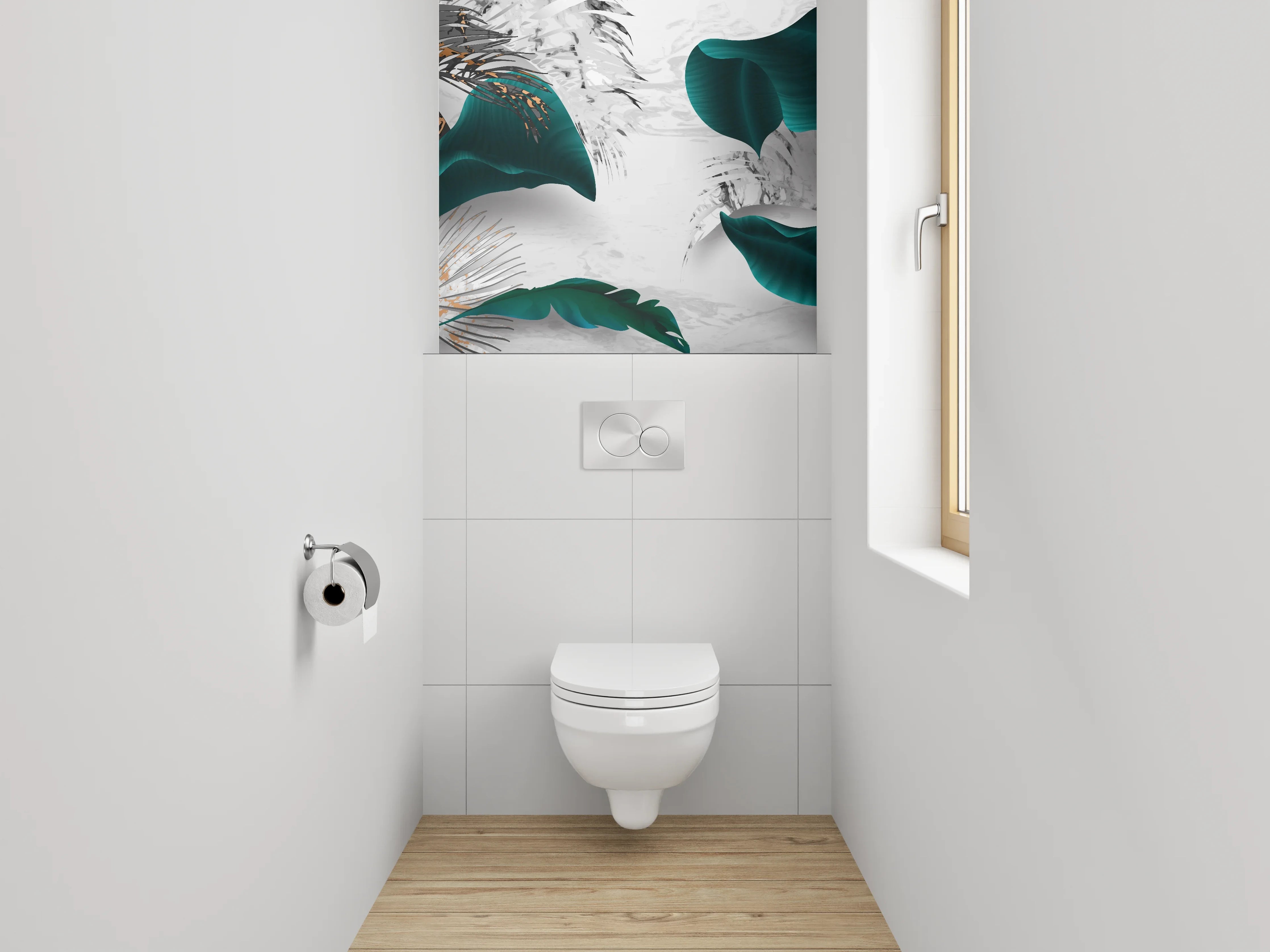 WC-Rückwand - Elegante Blattgold-Kunst auf Weiß
