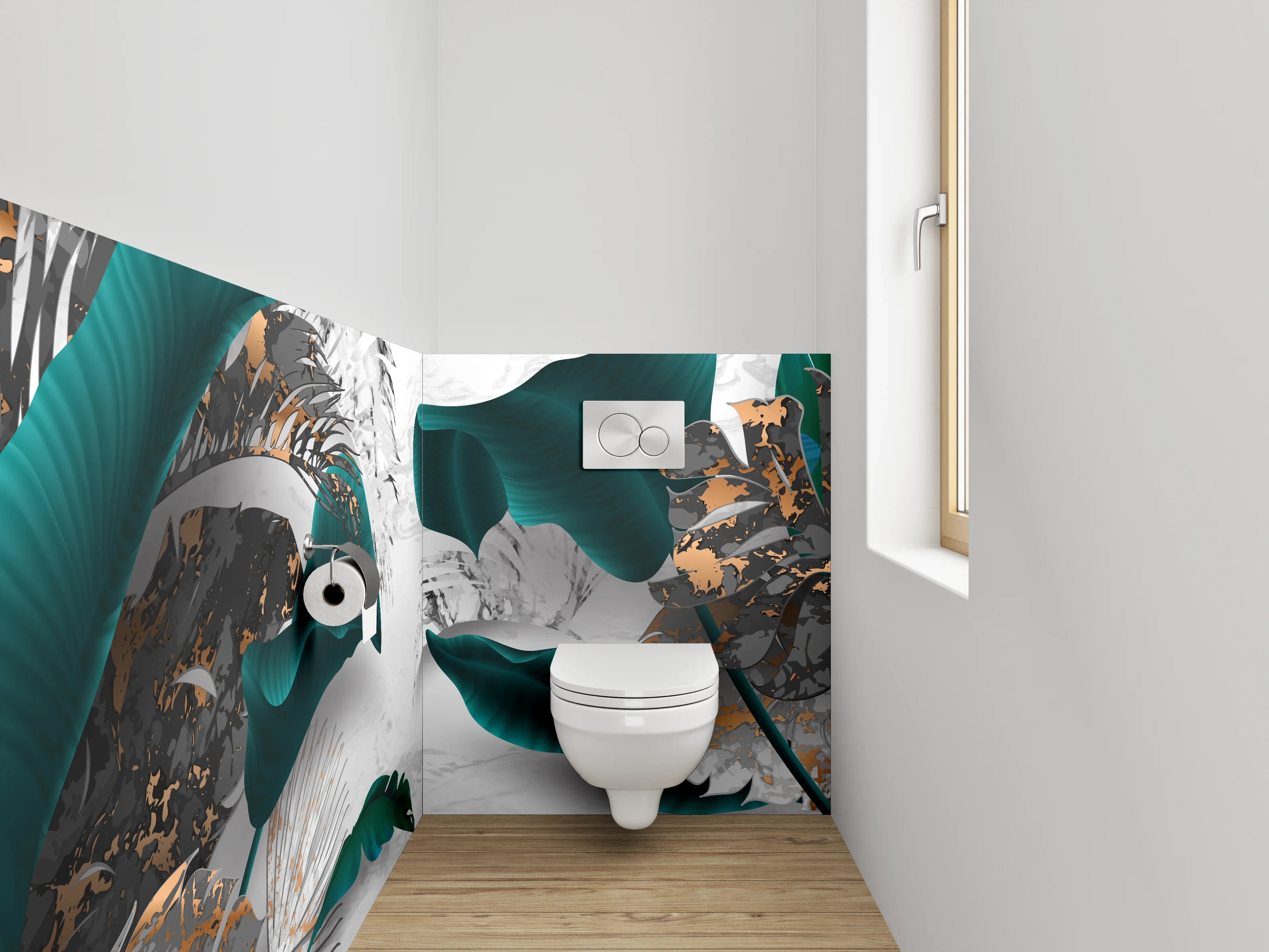 WC-Rückwand - Elegante Blattgold-Kunst auf Weiß