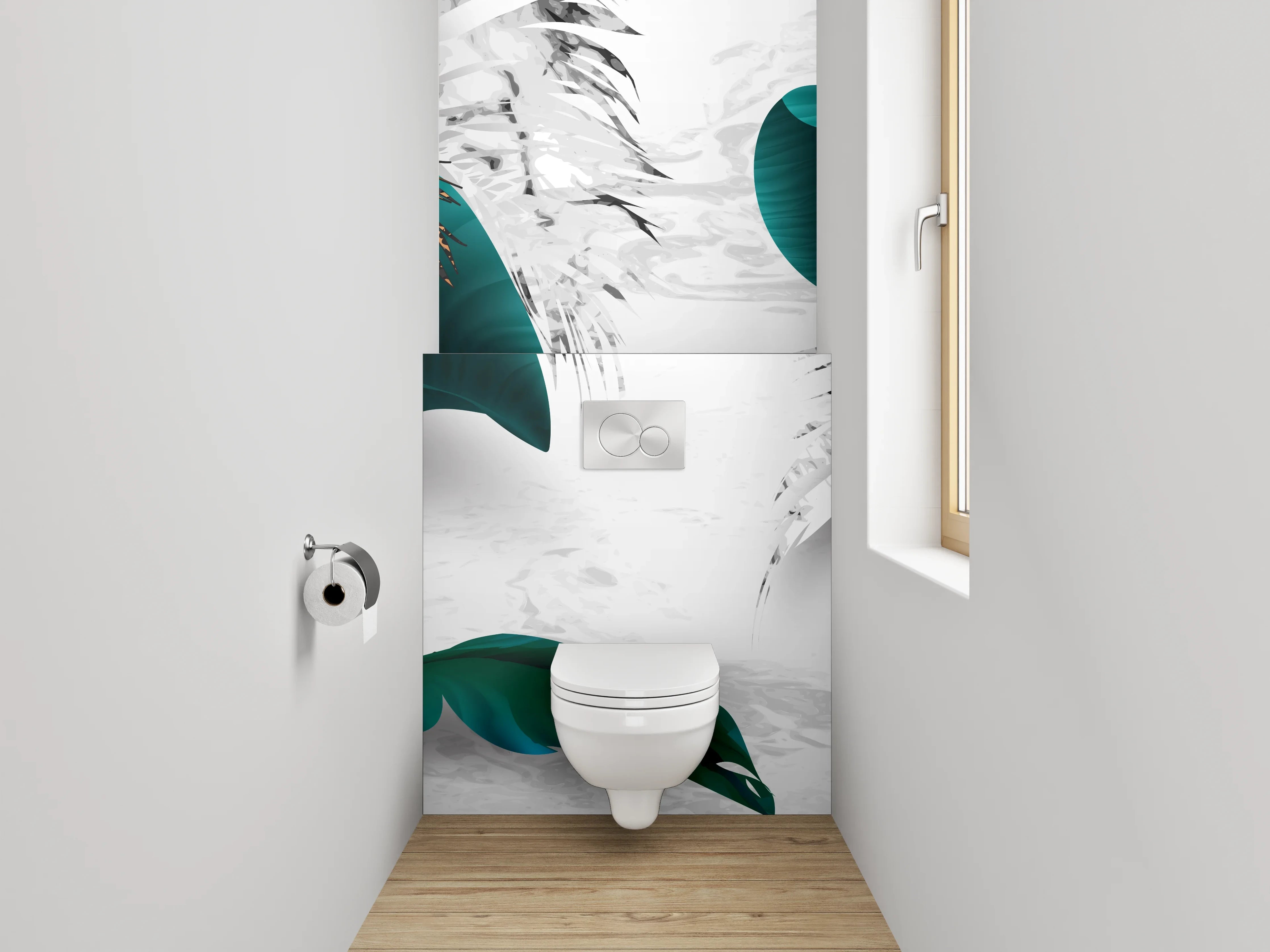 WC-Rückwand - Elegante Blattgold-Kunst auf Weiß
