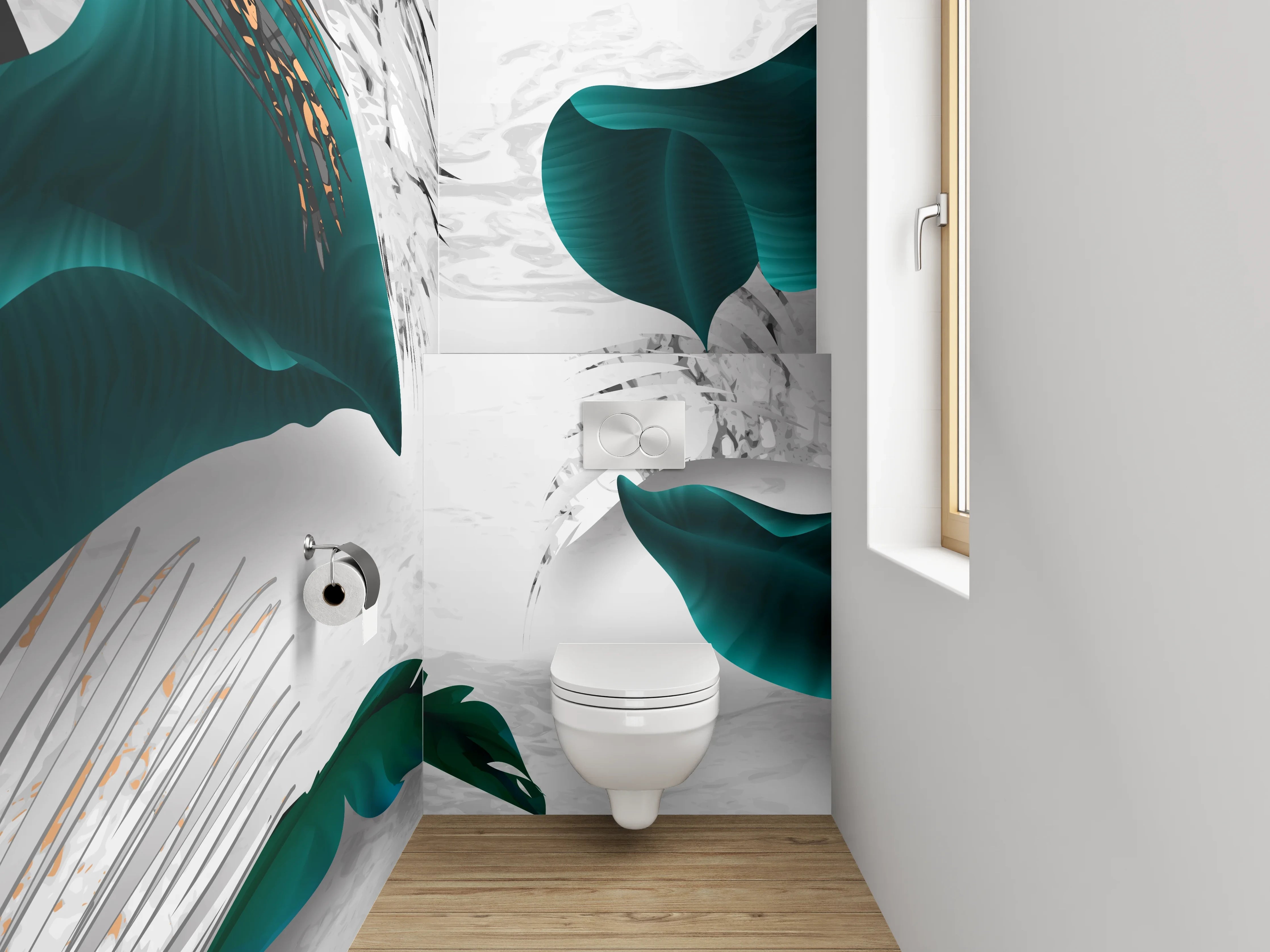 WC-Rückwand - Elegante Blattgold-Kunst auf Weiß