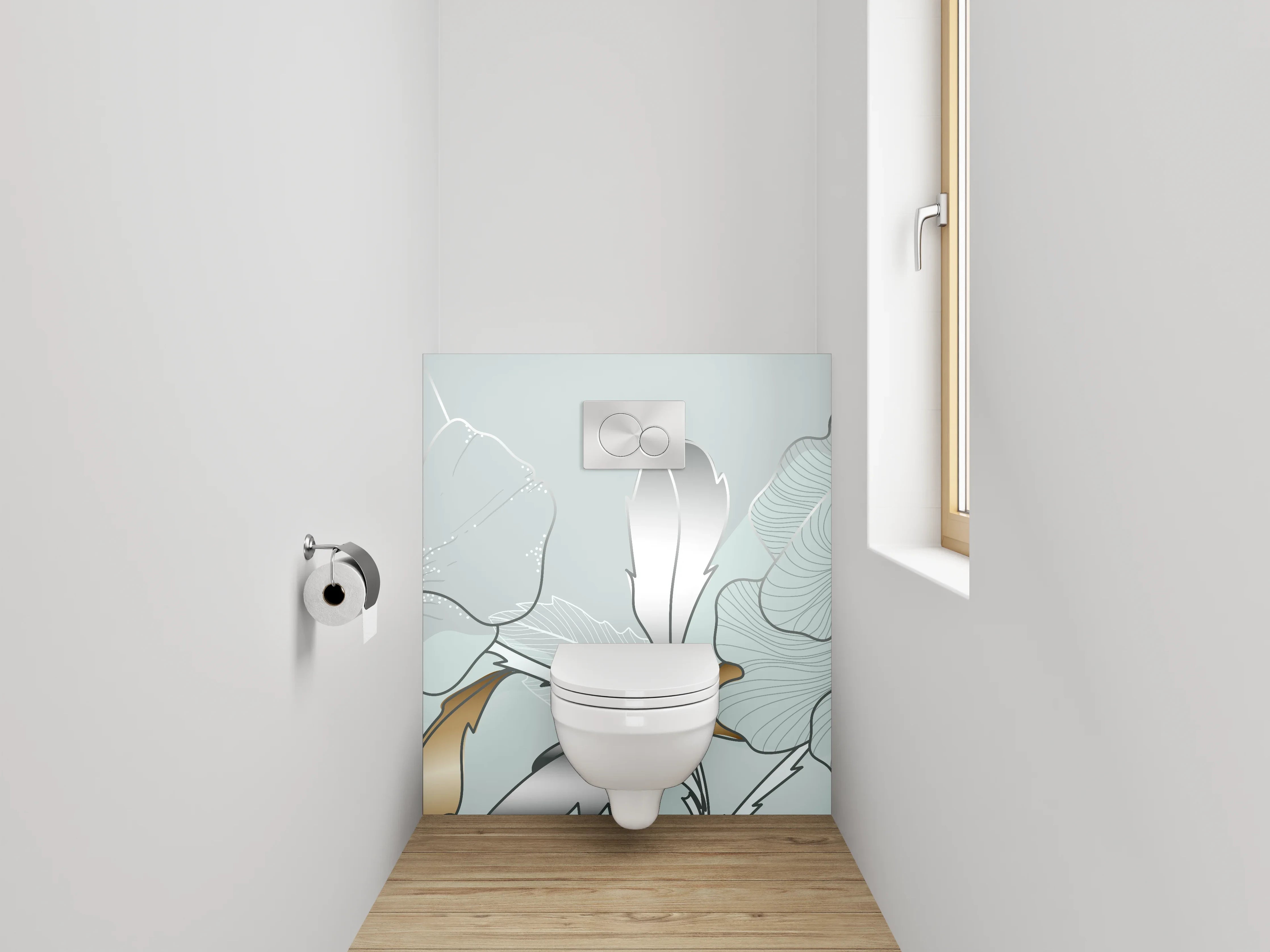 WC-Rückwand - Elegante Blumen-Lineart auf Metallic-Hintergrund