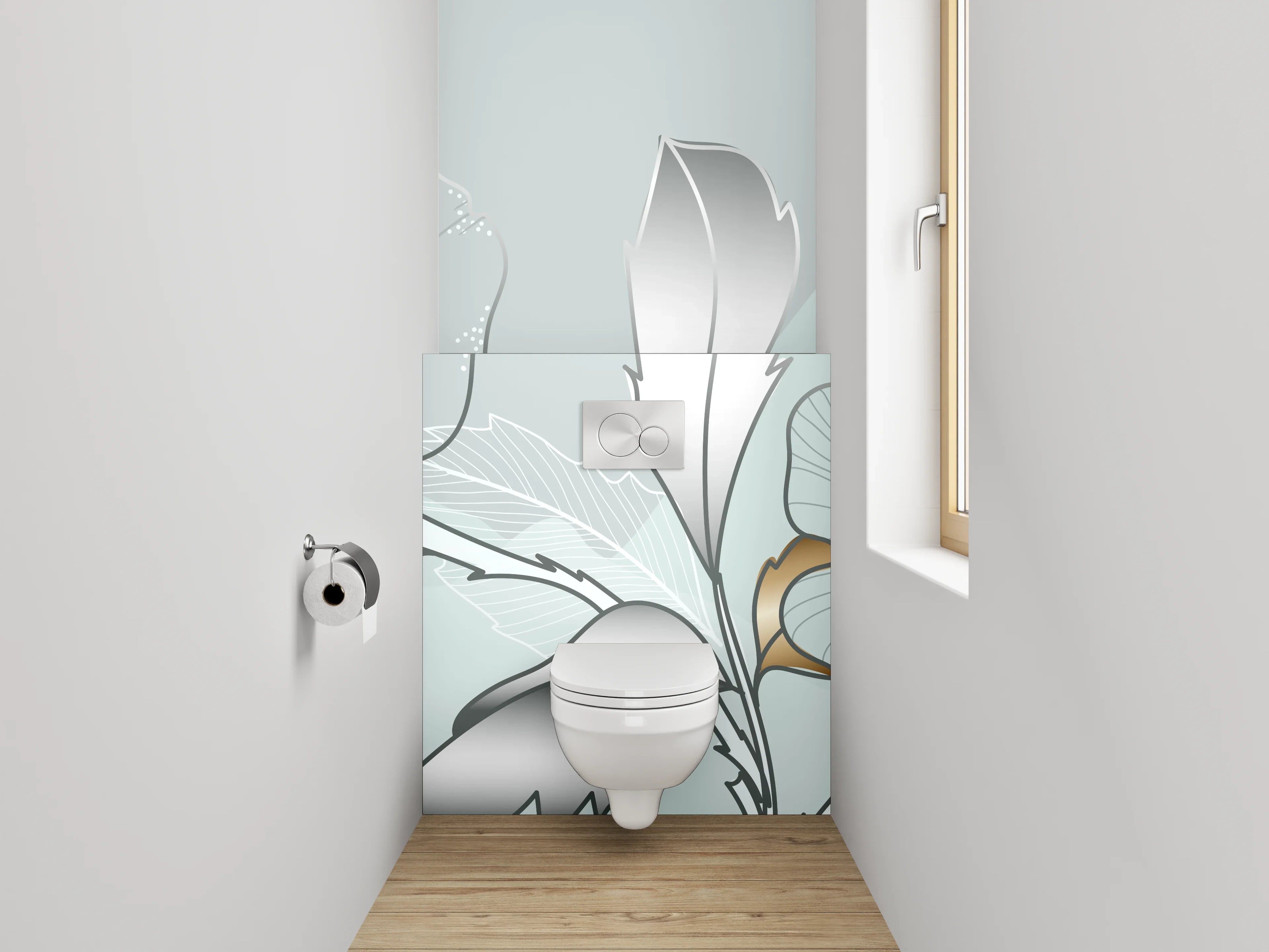 WC-Rückwand - Elegante Blumen-Lineart auf Metallic-Hintergrund