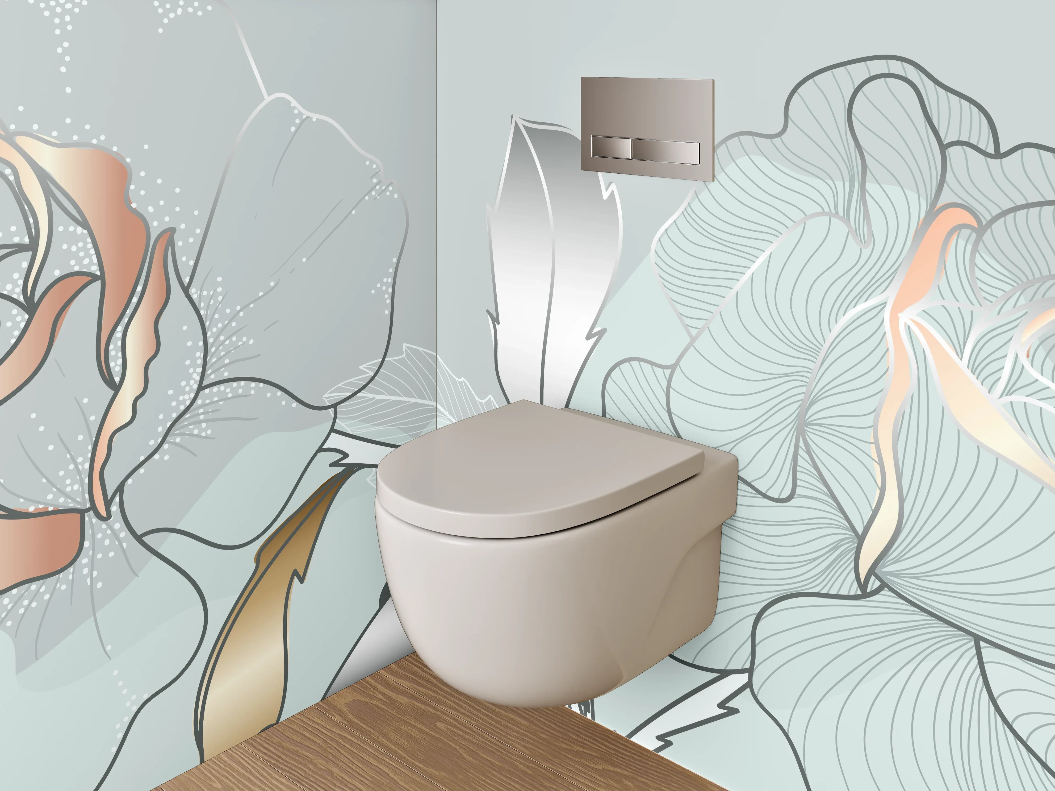 WC-Rückwand - Elegante Blumen-Lineart auf Metallic-Hintergrund