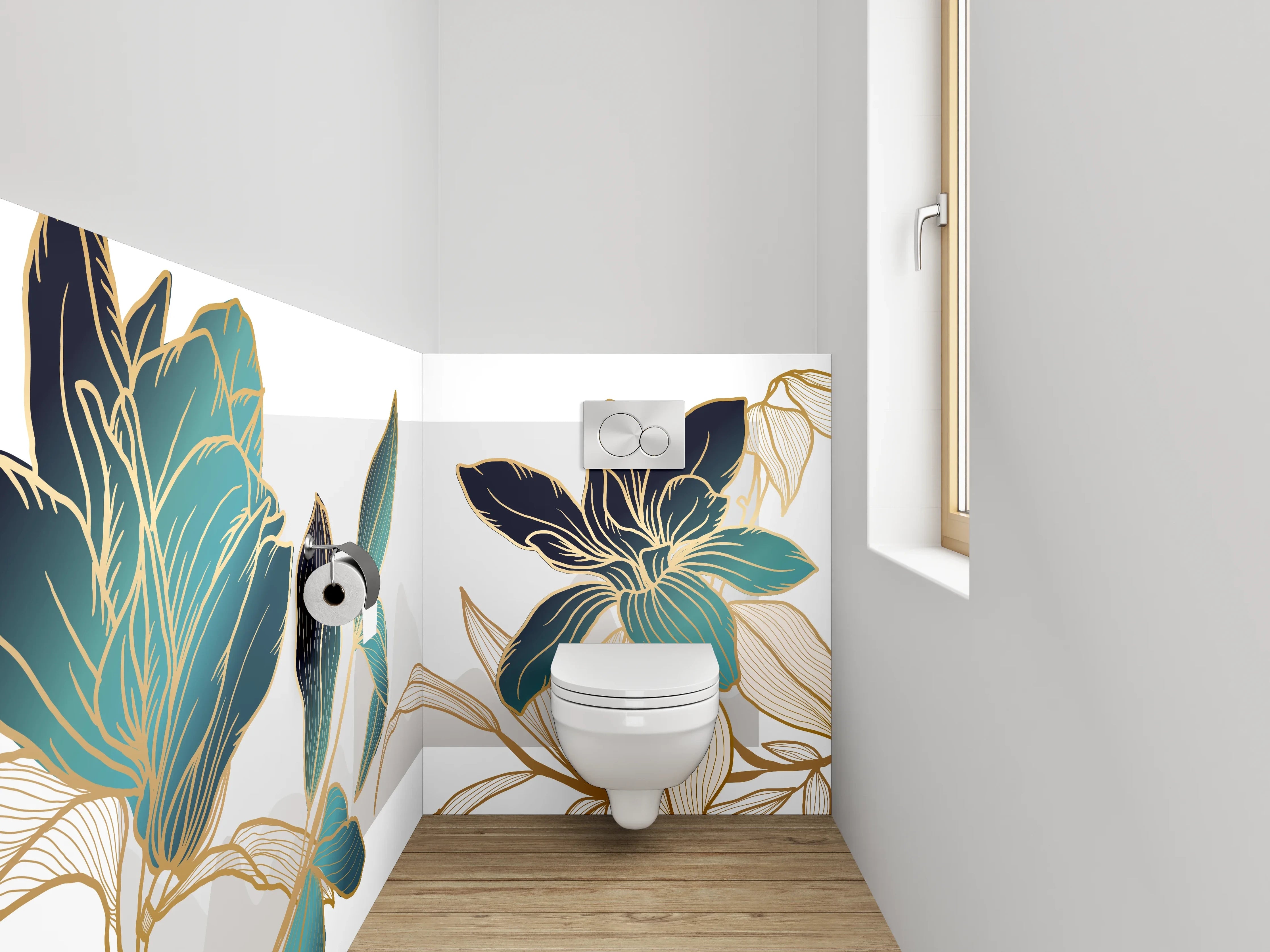 WC-Rückwand - Elegante Blumen Zeichnung Gold Akzent