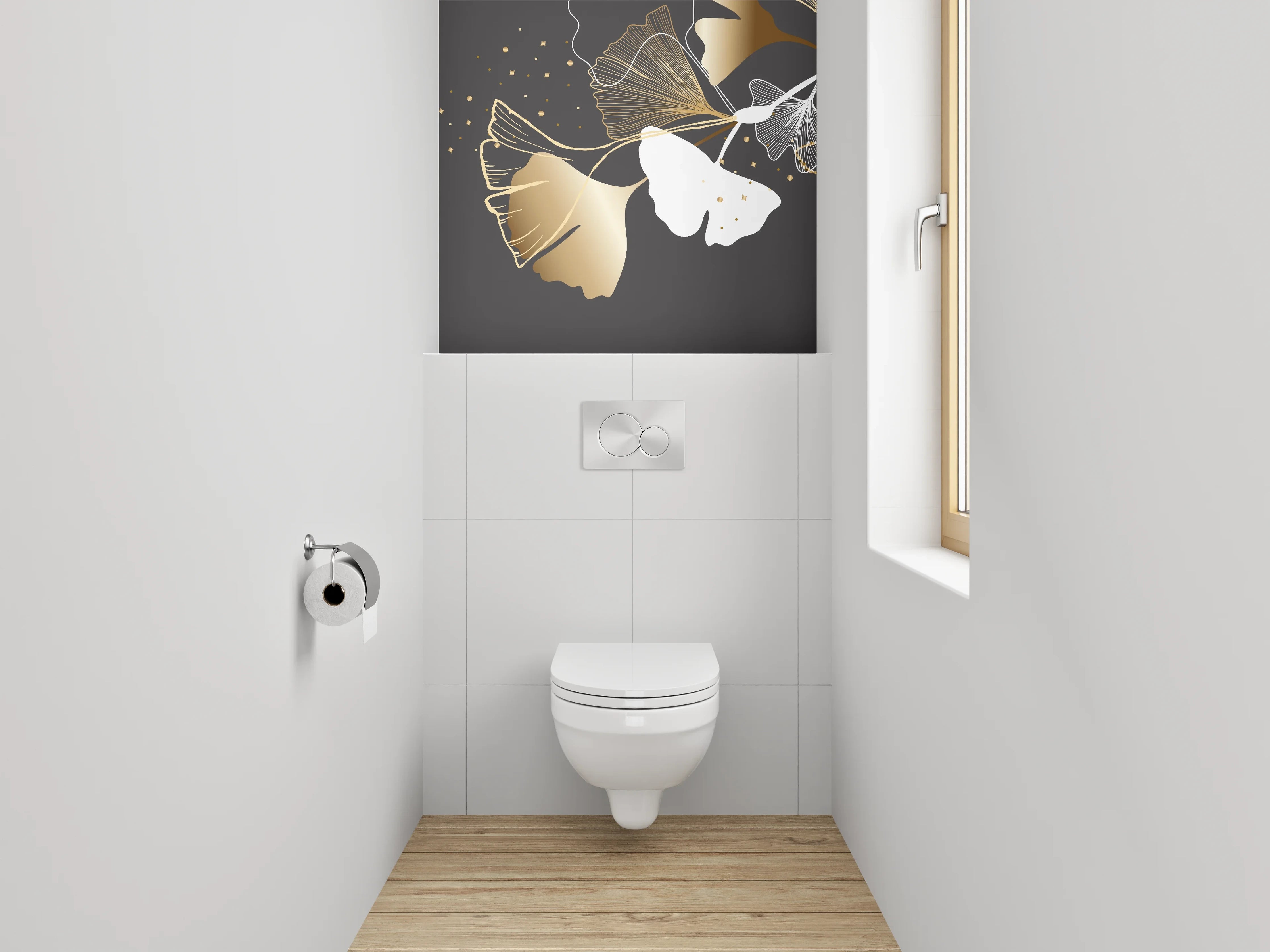 WC-Rückwand - Elegante Ginkgo-Blätter Lineart