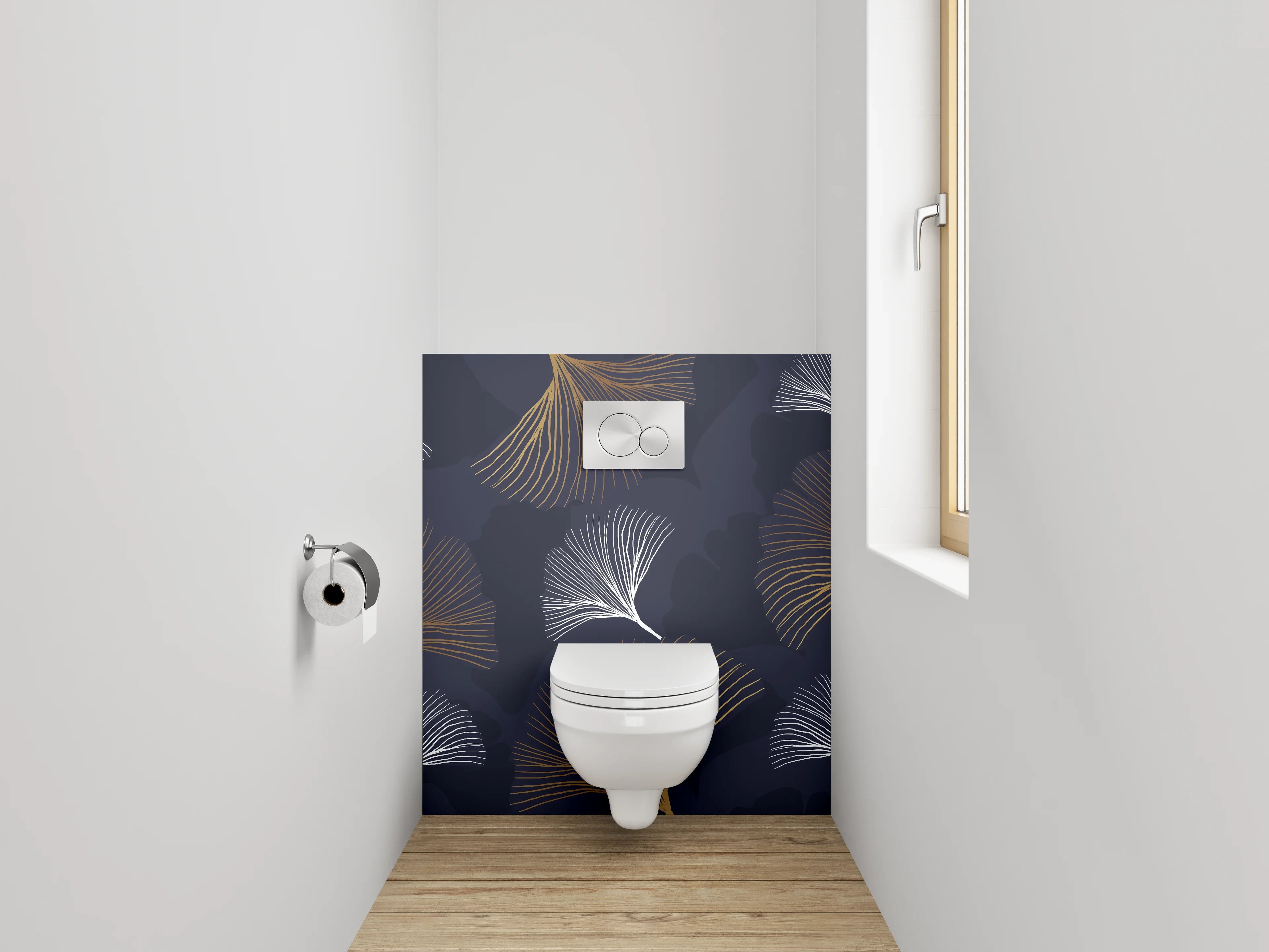 WC-Rückwand - Elegante Ginkgo-Blätter auf Dunkelblau