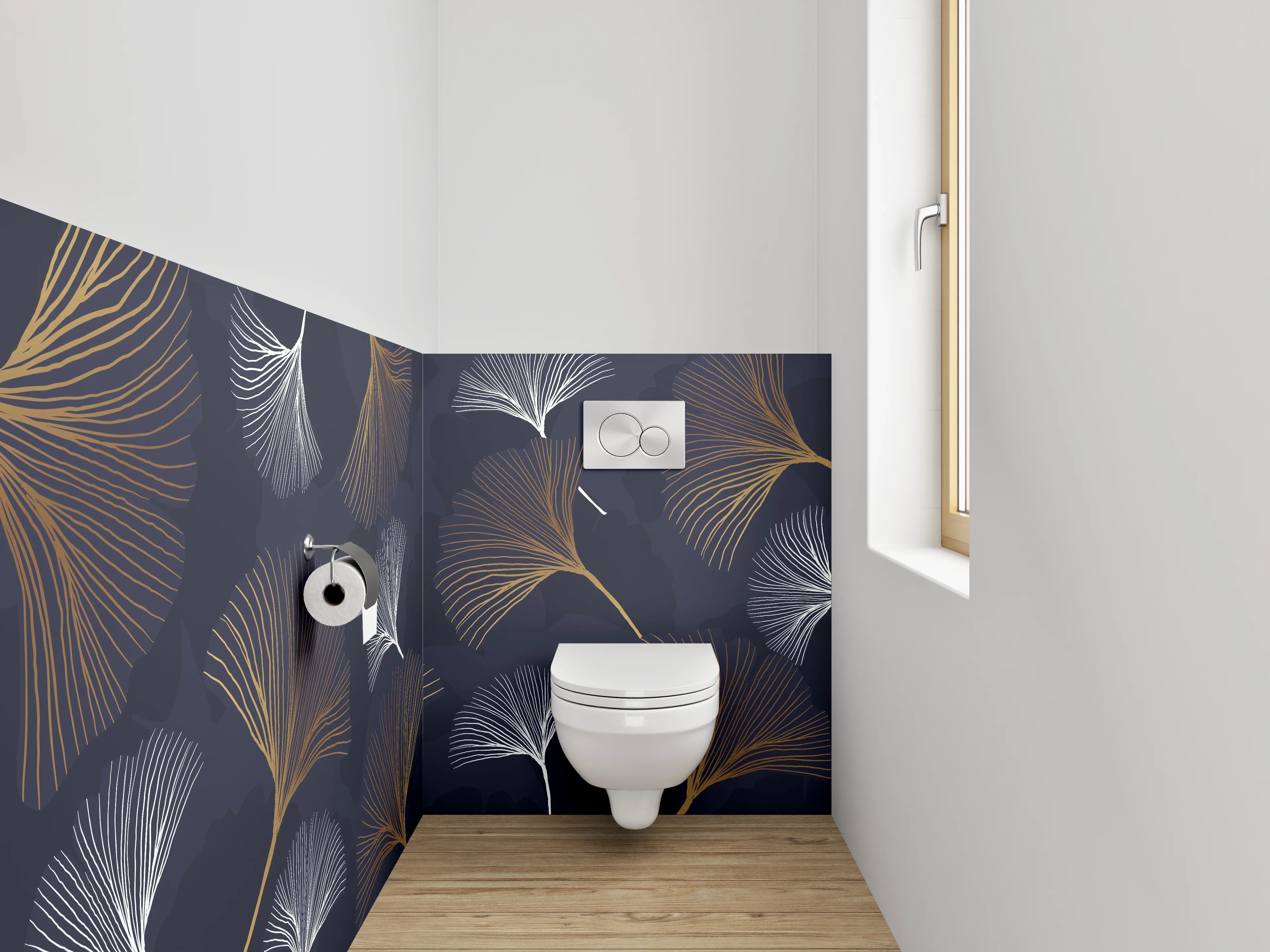WC-Rückwand - Elegante Ginkgo-Blätter auf Dunkelblau