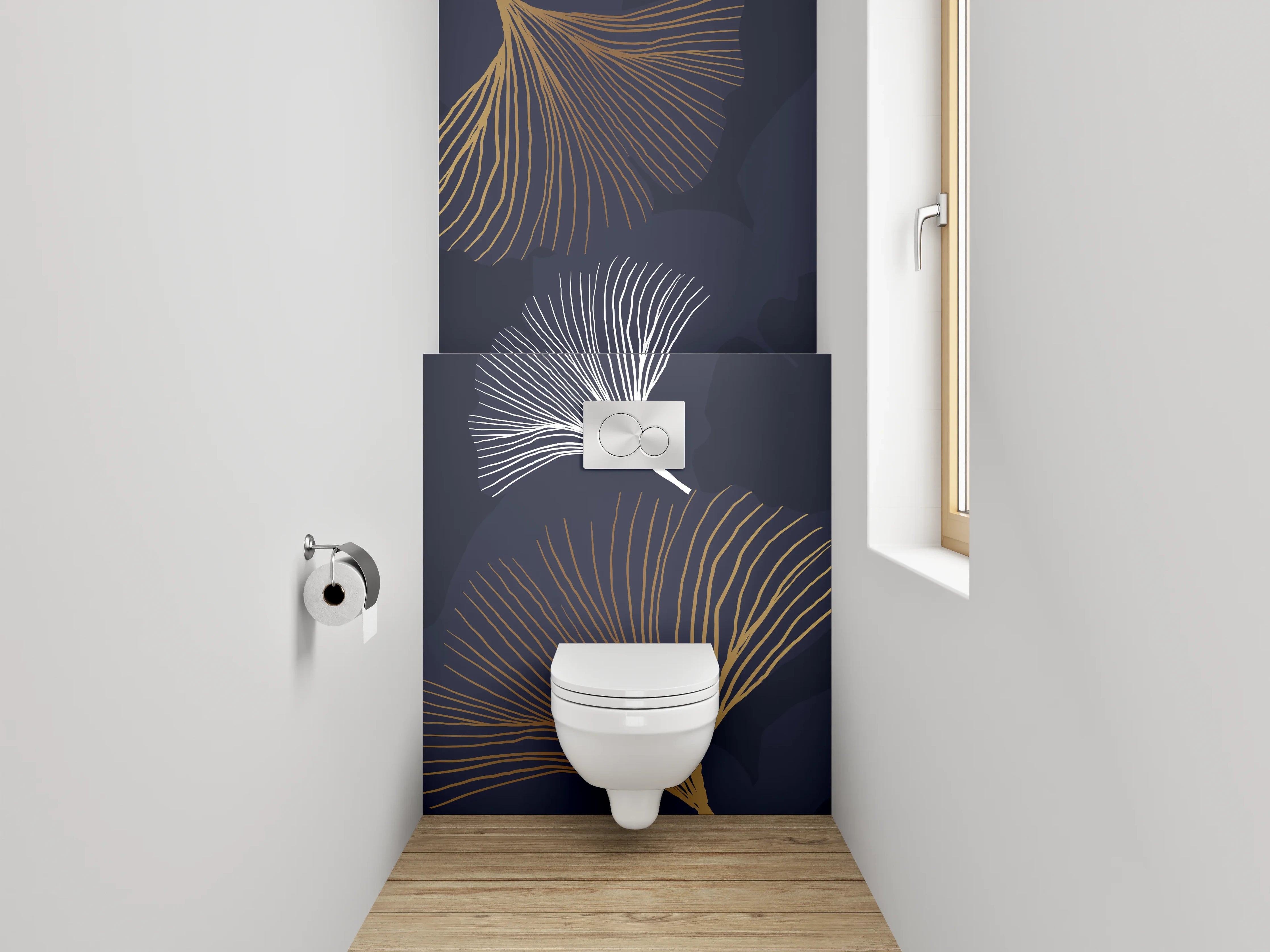 WC-Rückwand - Elegante Ginkgo-Blätter auf Dunkelblau