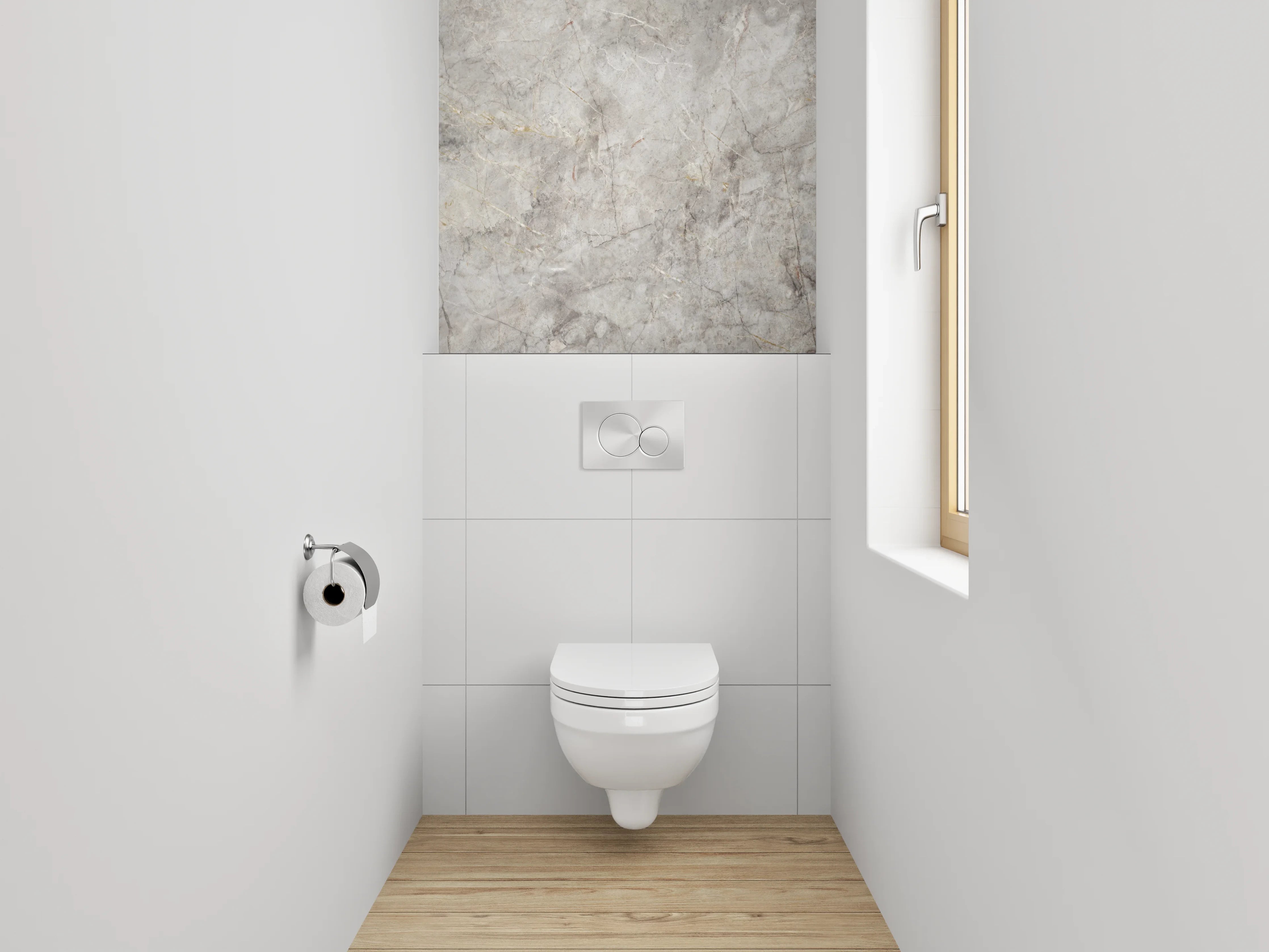WC-Rückwand - Elegante Grauschattierungen im Marmorweiß