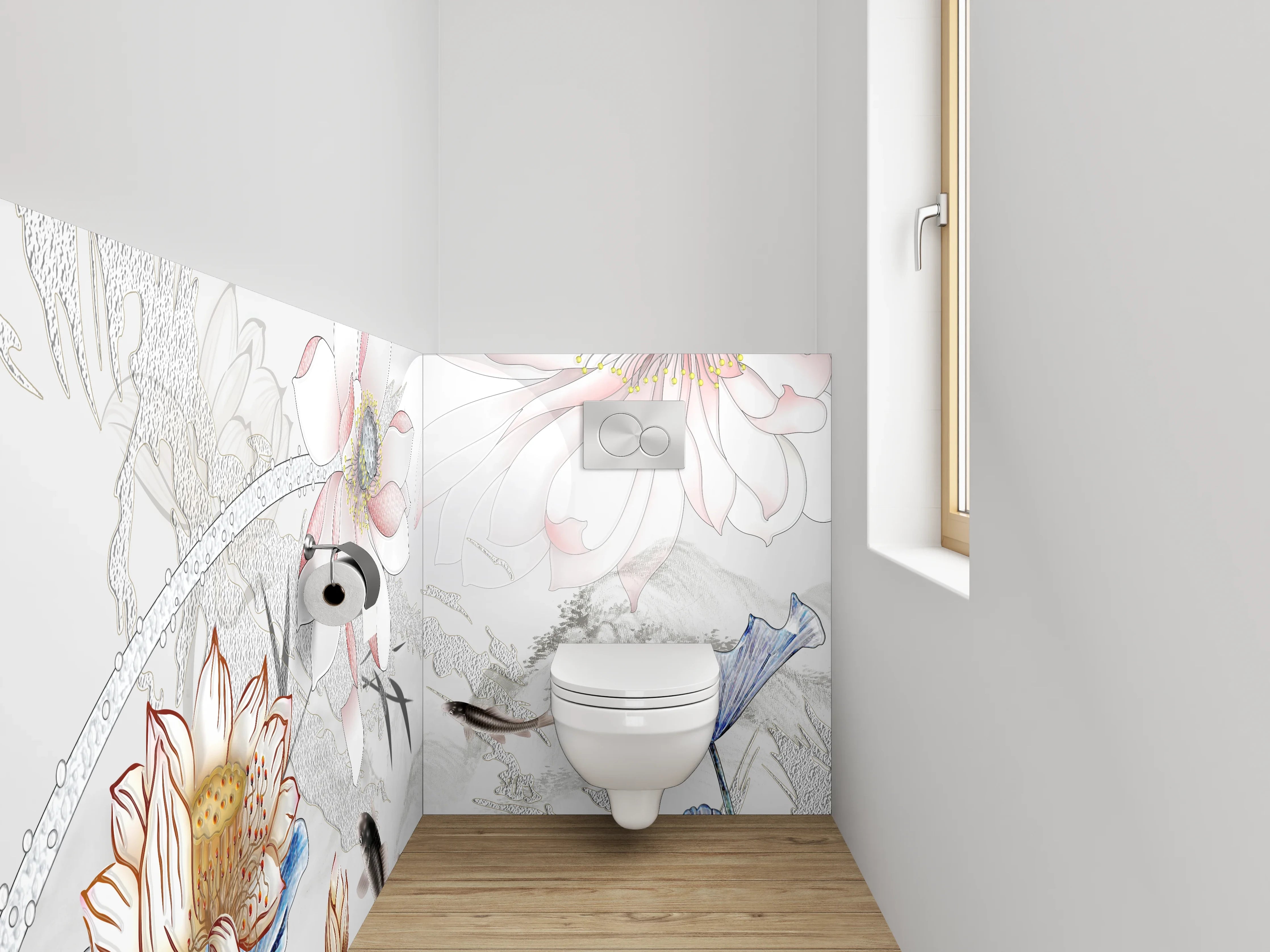 WC-Rückwand - Elegante Koi und Lotus Aquarell