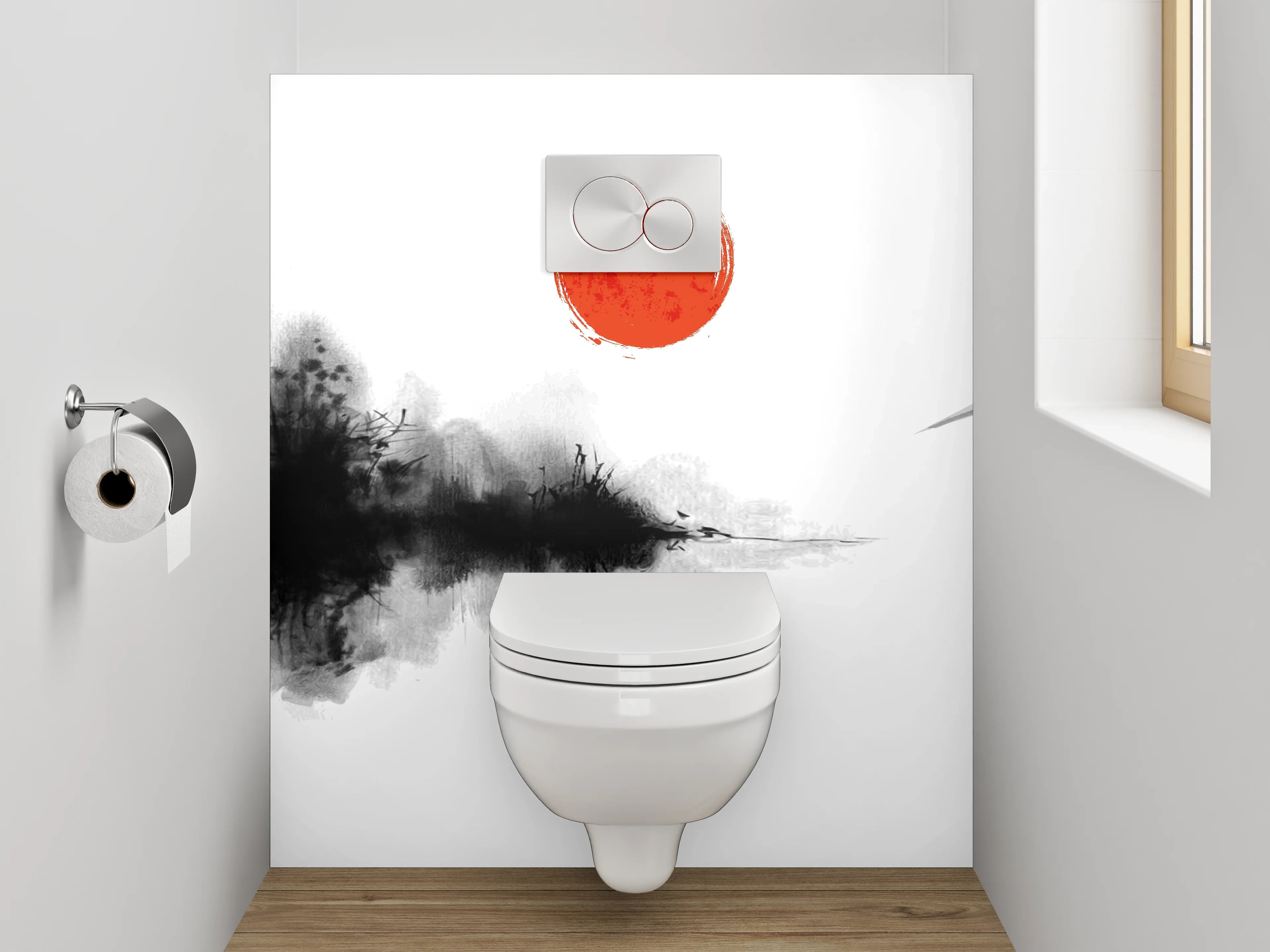 WC-Rückwand - Elegante Kranich-Aquarellkunst in Schwarz-Weiß
