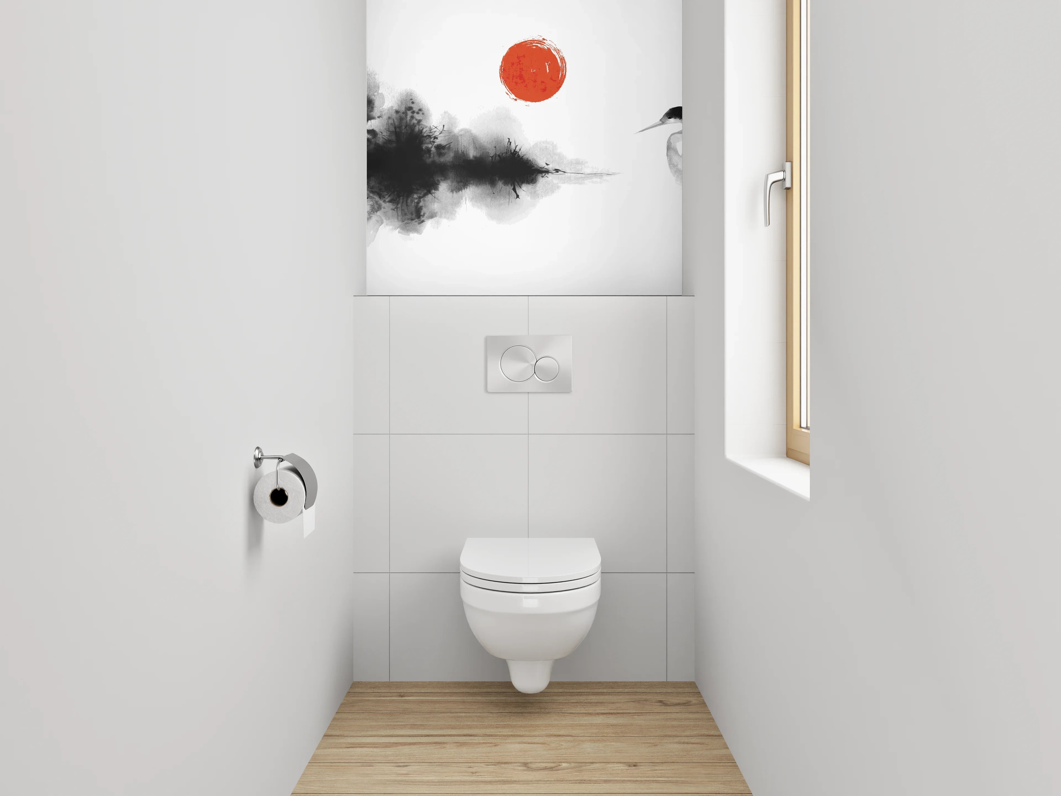 WC-Rückwand - Elegante Kranich-Aquarellkunst in Schwarz-Weiß