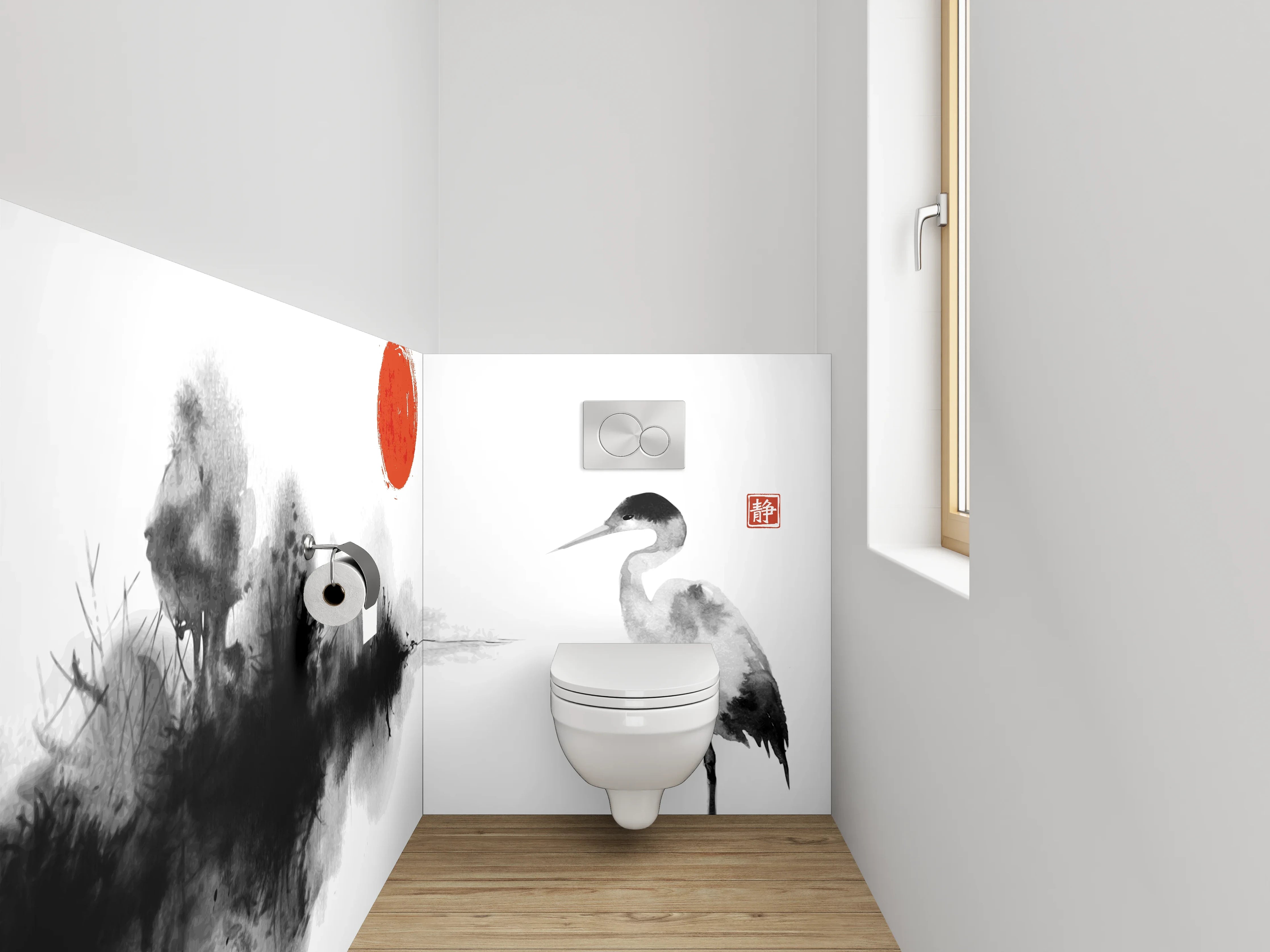 WC-Rückwand - Elegante Kranich-Aquarellkunst in Schwarz-Weiß