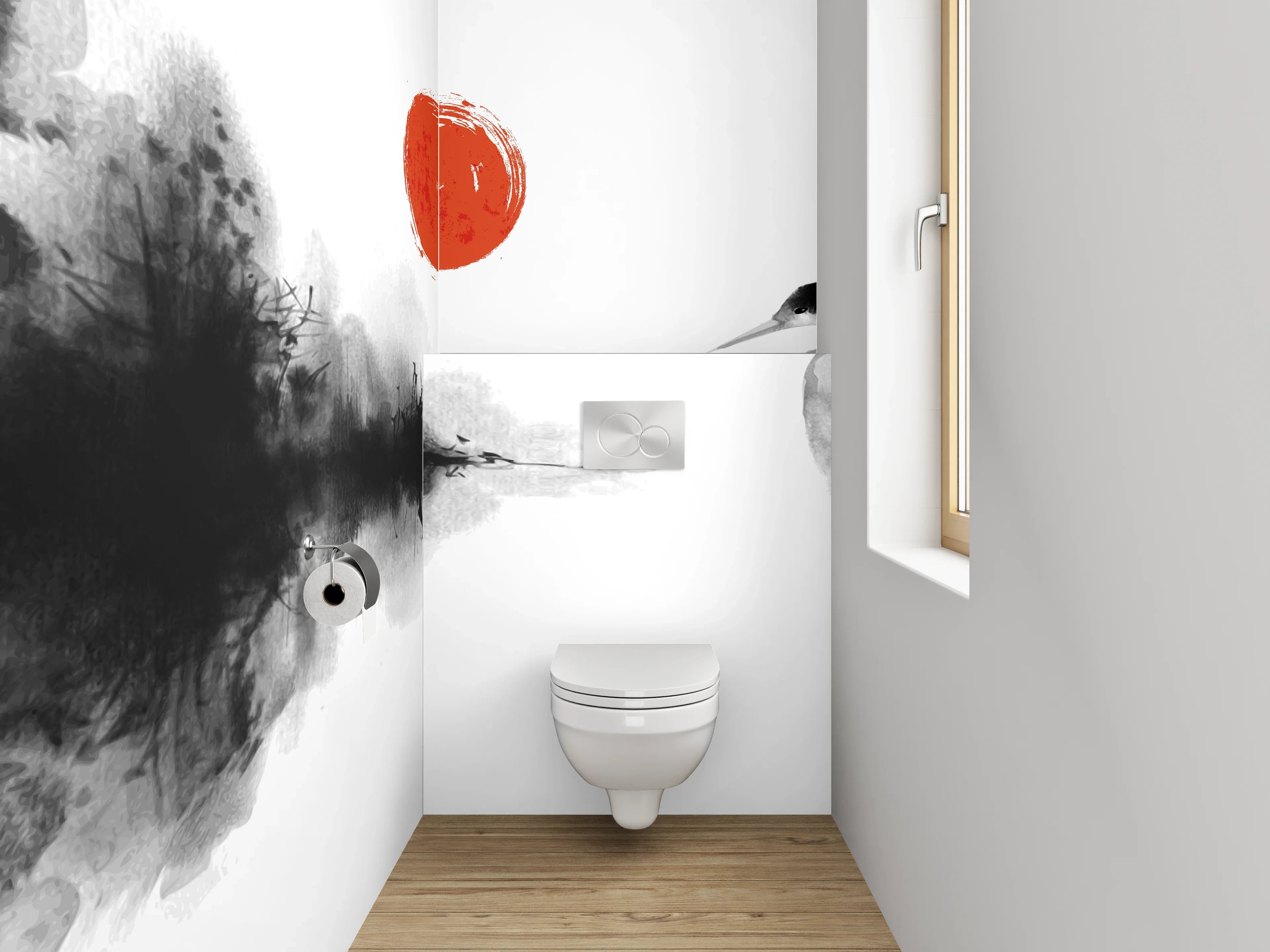 WC-Rückwand - Elegante Kranich-Aquarellkunst in Schwarz-Weiß