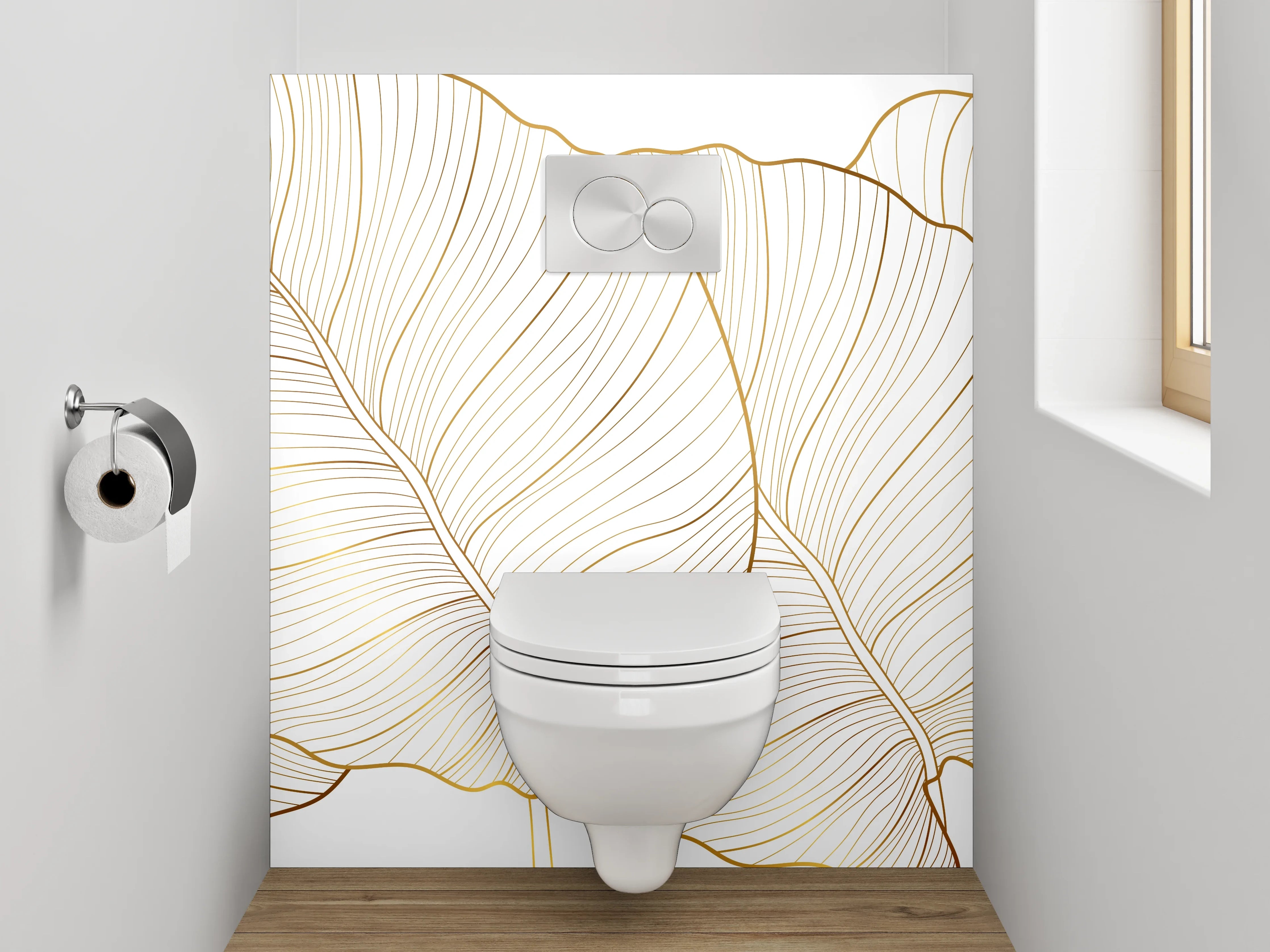 WC-Rückwand - Elegante Lineart Bananenblätter Gold Weiß