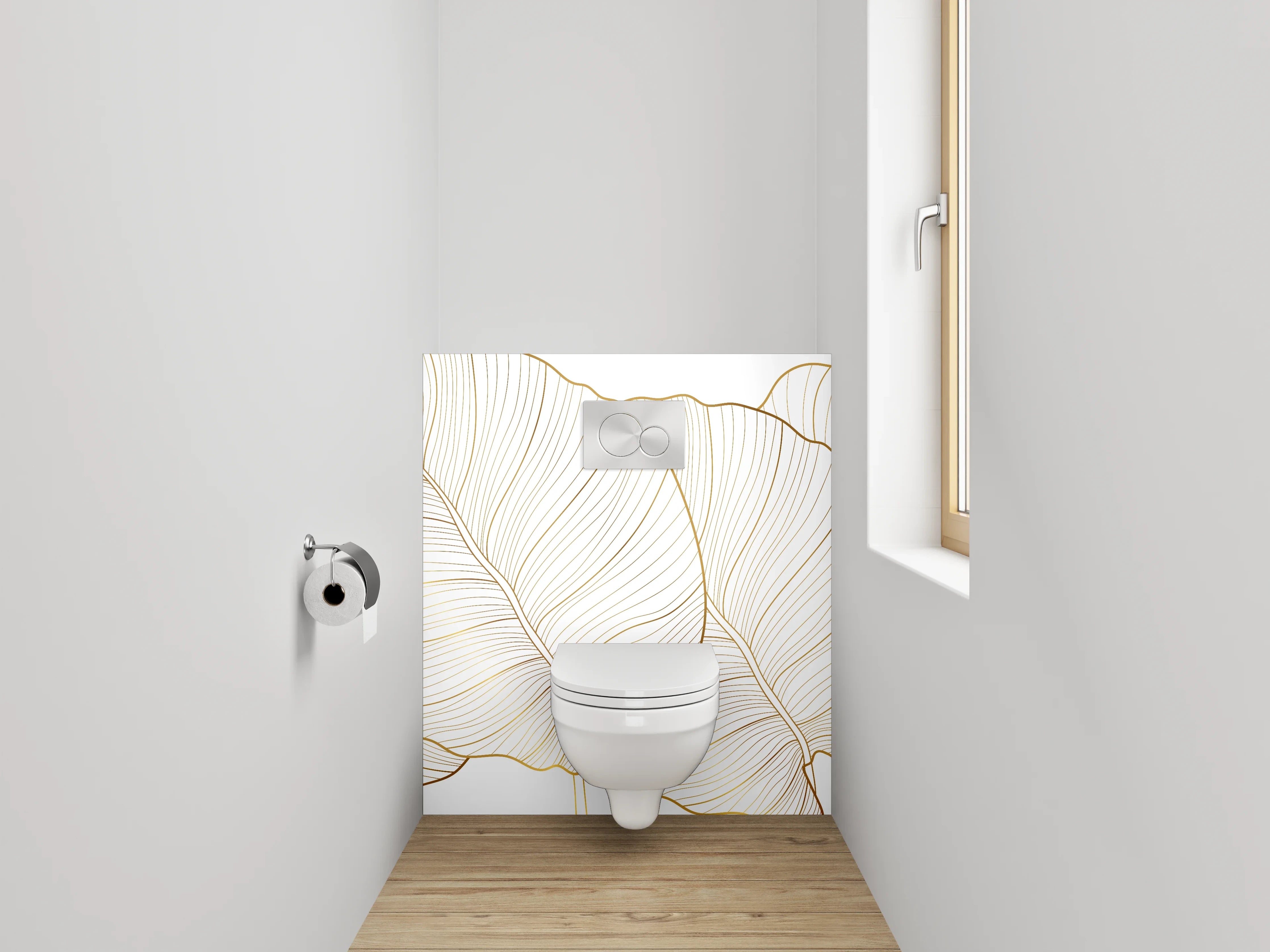 WC-Rückwand - Elegante Lineart Bananenblätter Gold Weiß