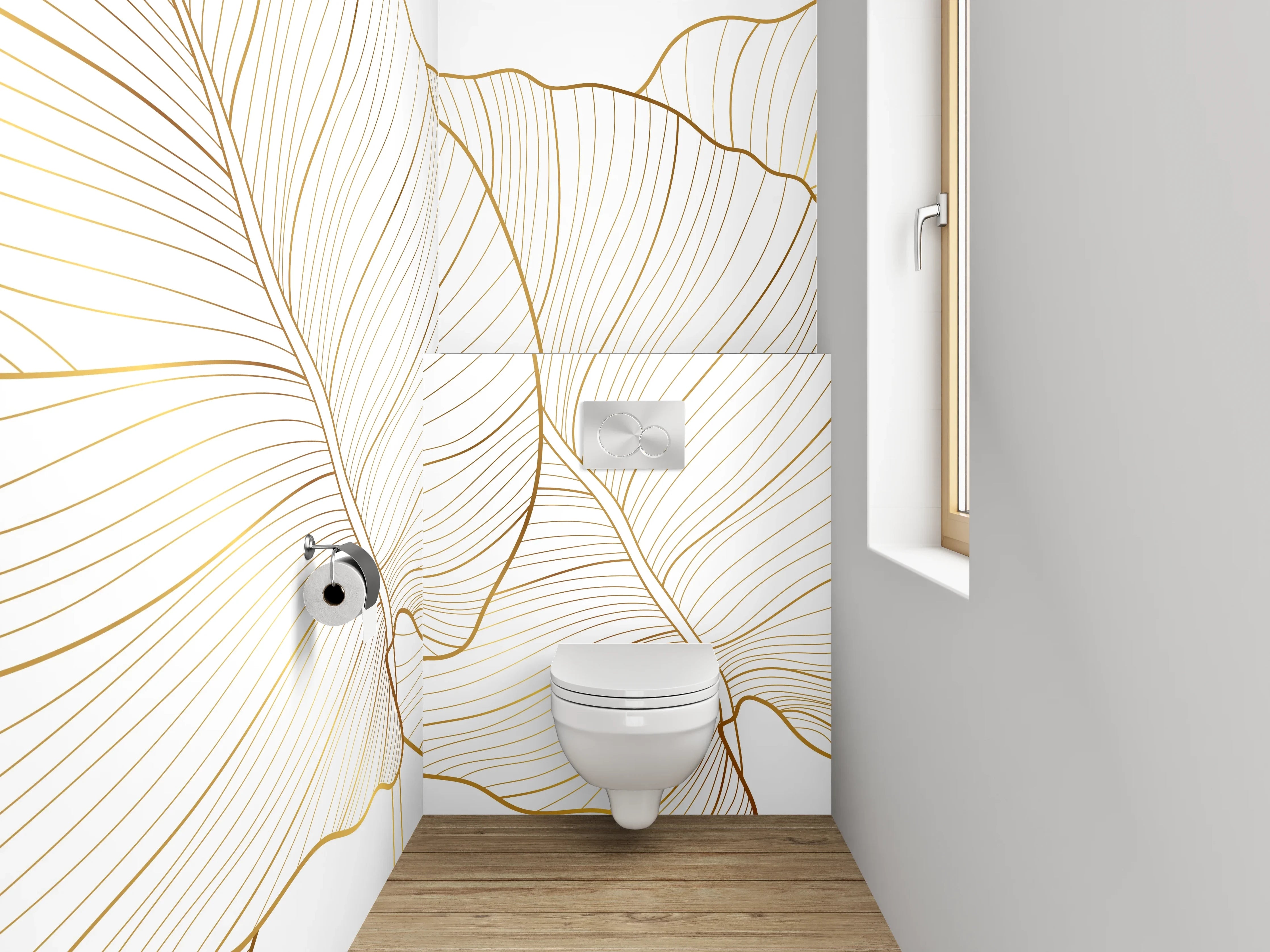 WC-Rückwand - Elegante Lineart Bananenblätter Gold Weiß