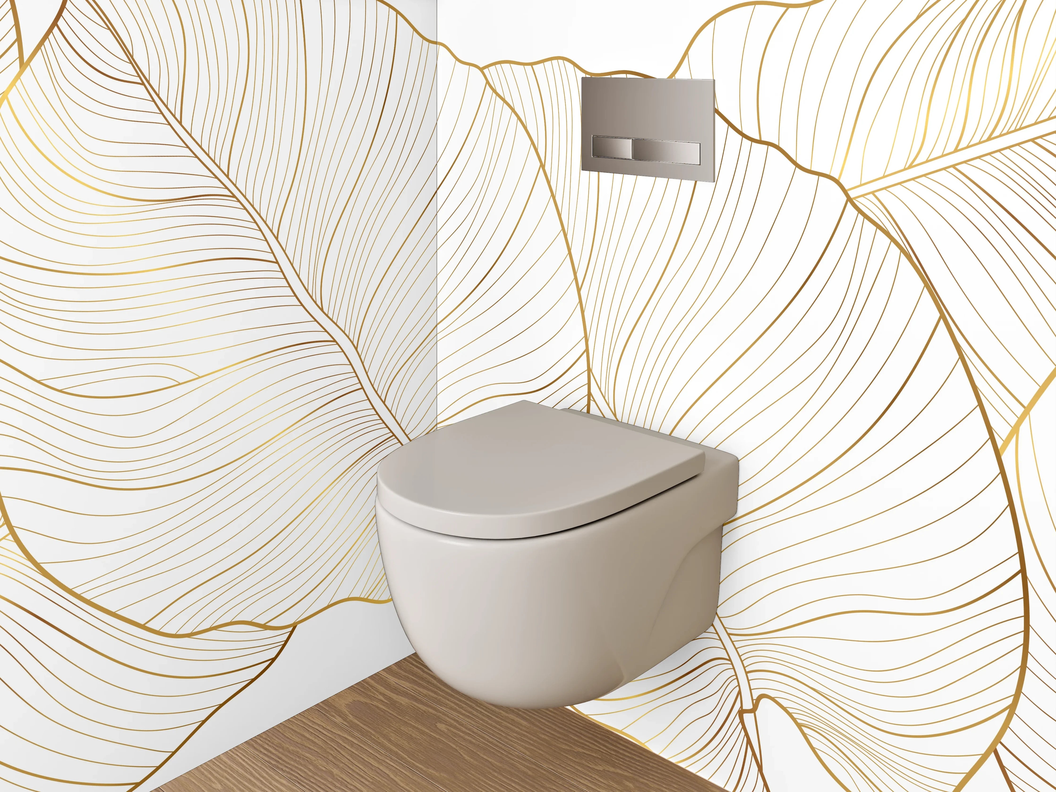 WC-Rückwand - Elegante Lineart Bananenblätter Gold Weiß