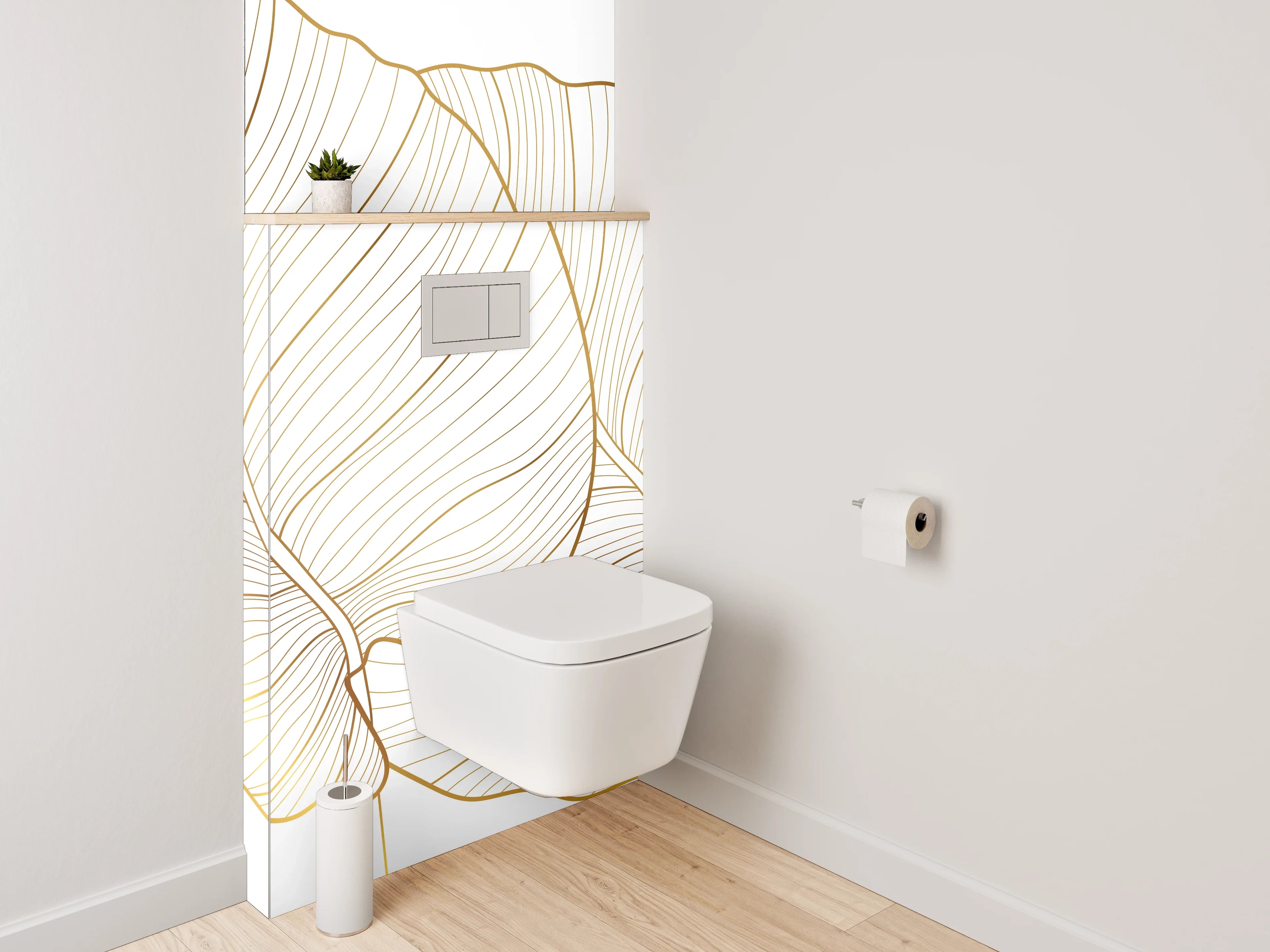 WC-Rückwand - Elegante Lineart Bananenblätter Gold Weiß
