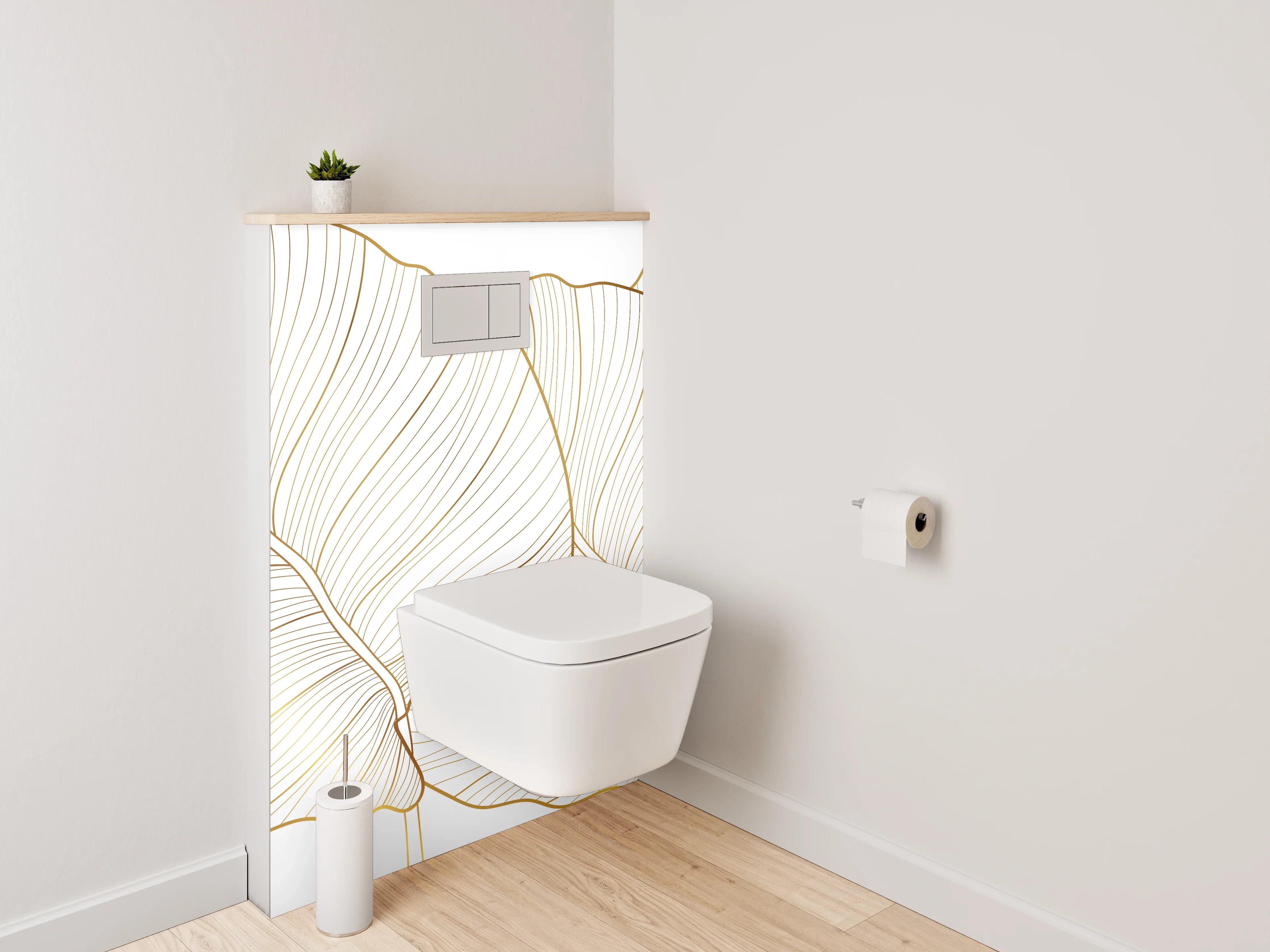 WC-Rückwand - Elegante Lineart Bananenblätter Gold Weiß