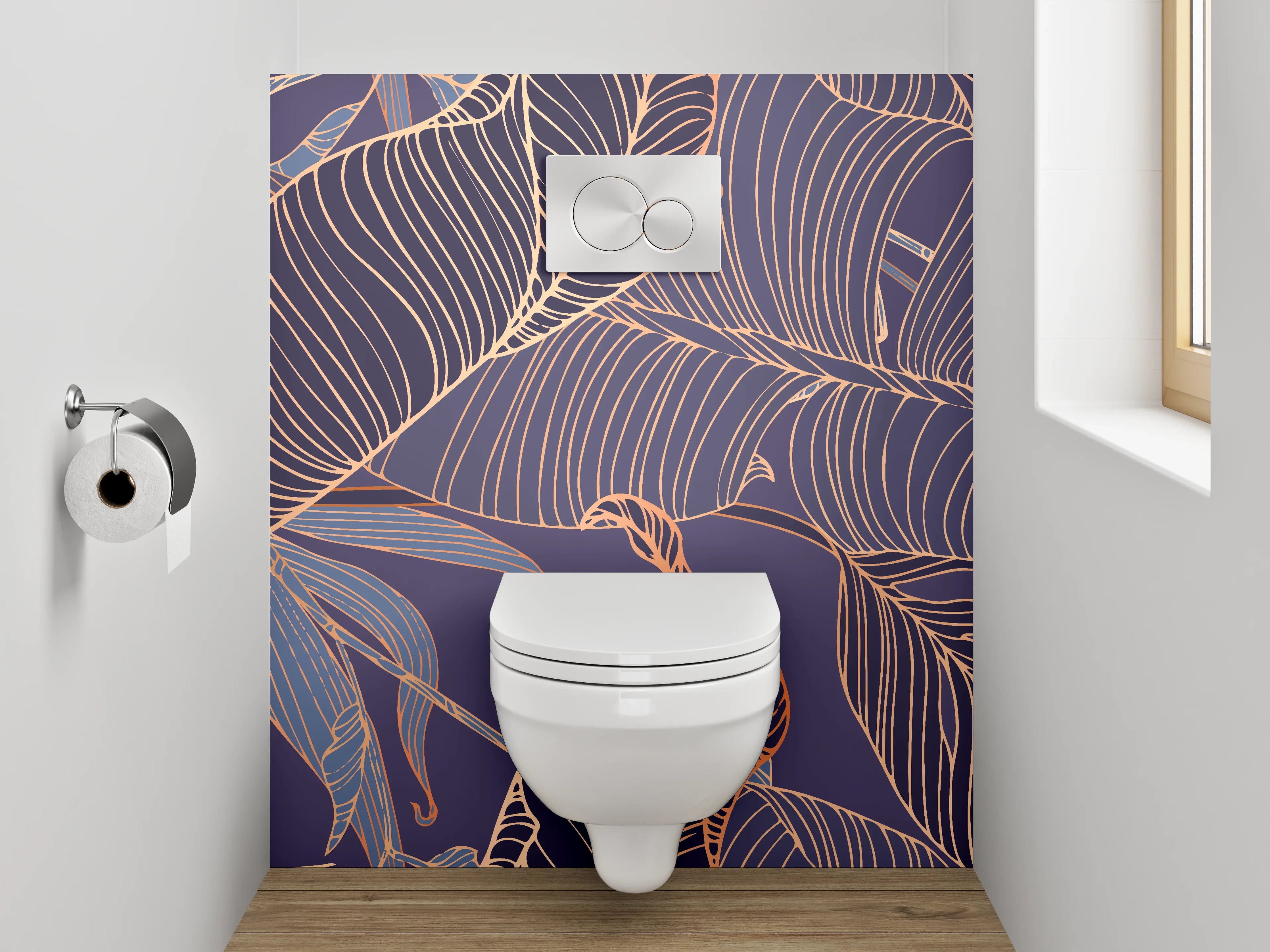 WC-Rückwand - Elegante Lineart-Blätter auf Lila