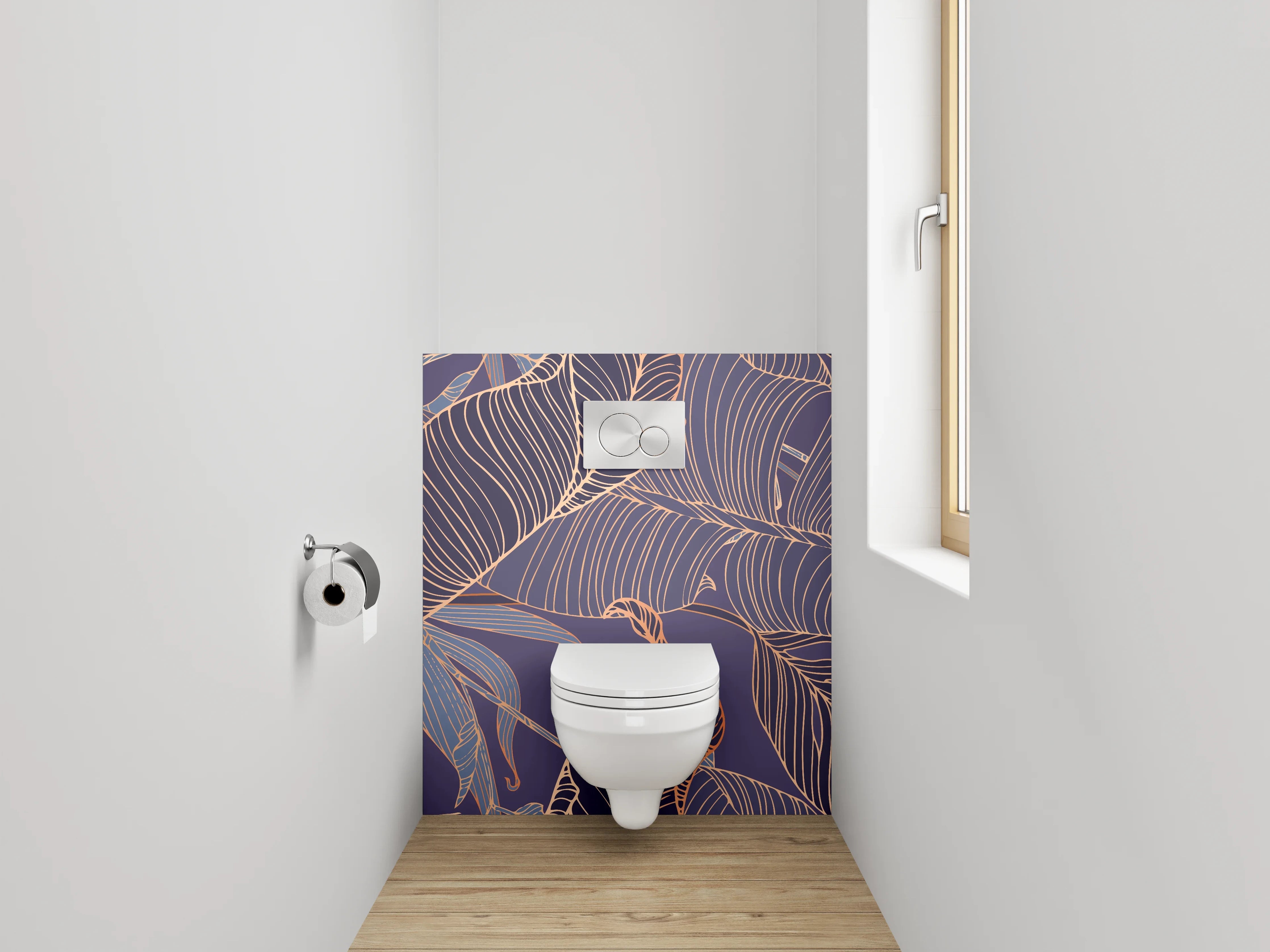 WC-Rückwand - Elegante Lineart-Blätter auf Lila