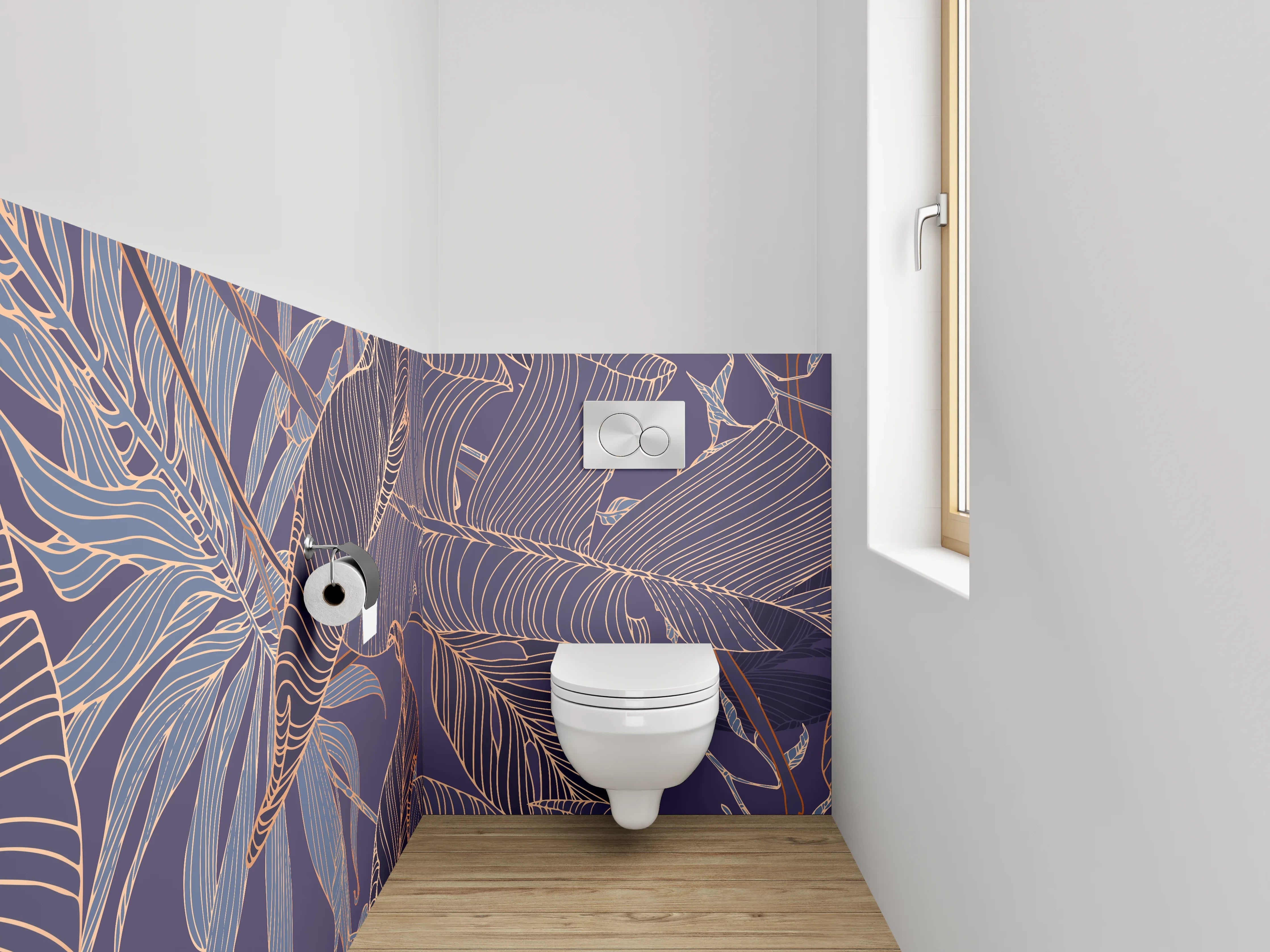 WC-Rückwand - Elegante Lineart-Blätter auf Lila