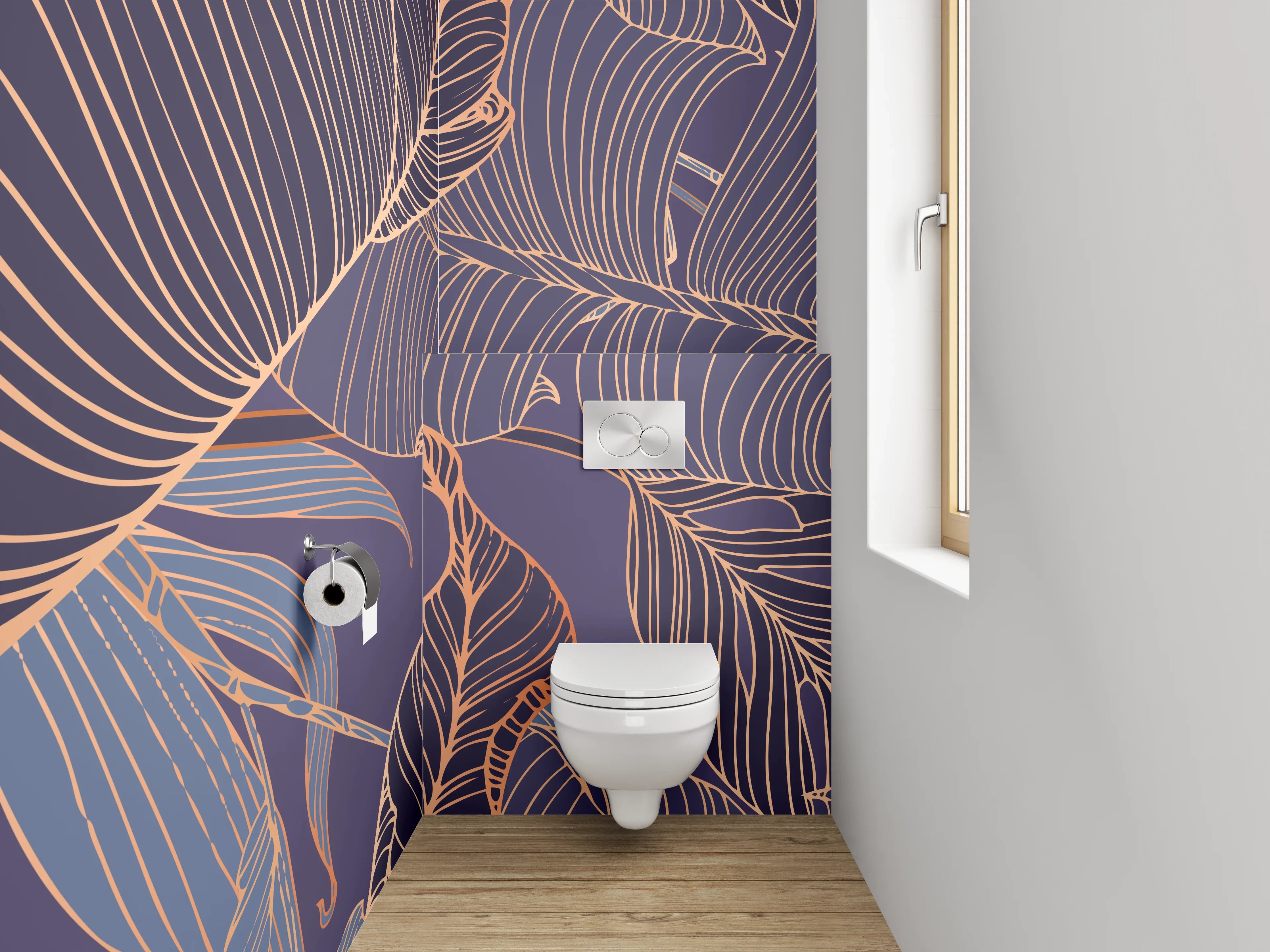 WC-Rückwand - Elegante Lineart-Blätter auf Lila
