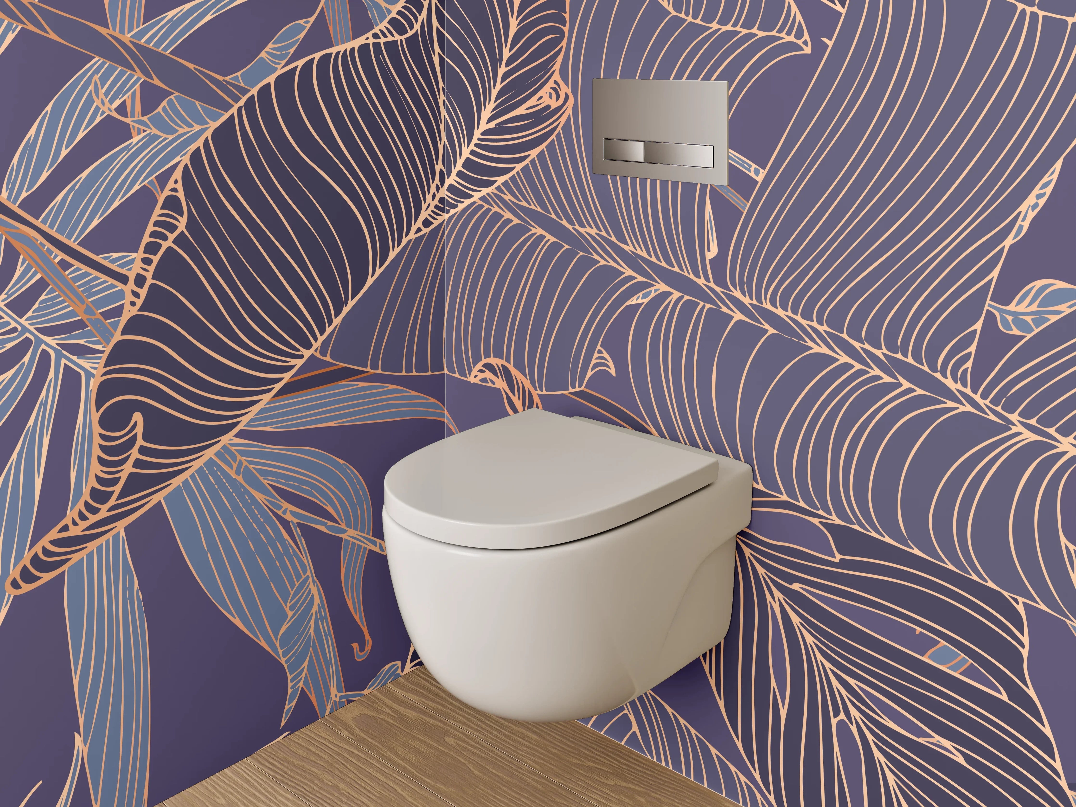 WC-Rückwand - Elegante Lineart-Blätter auf Lila