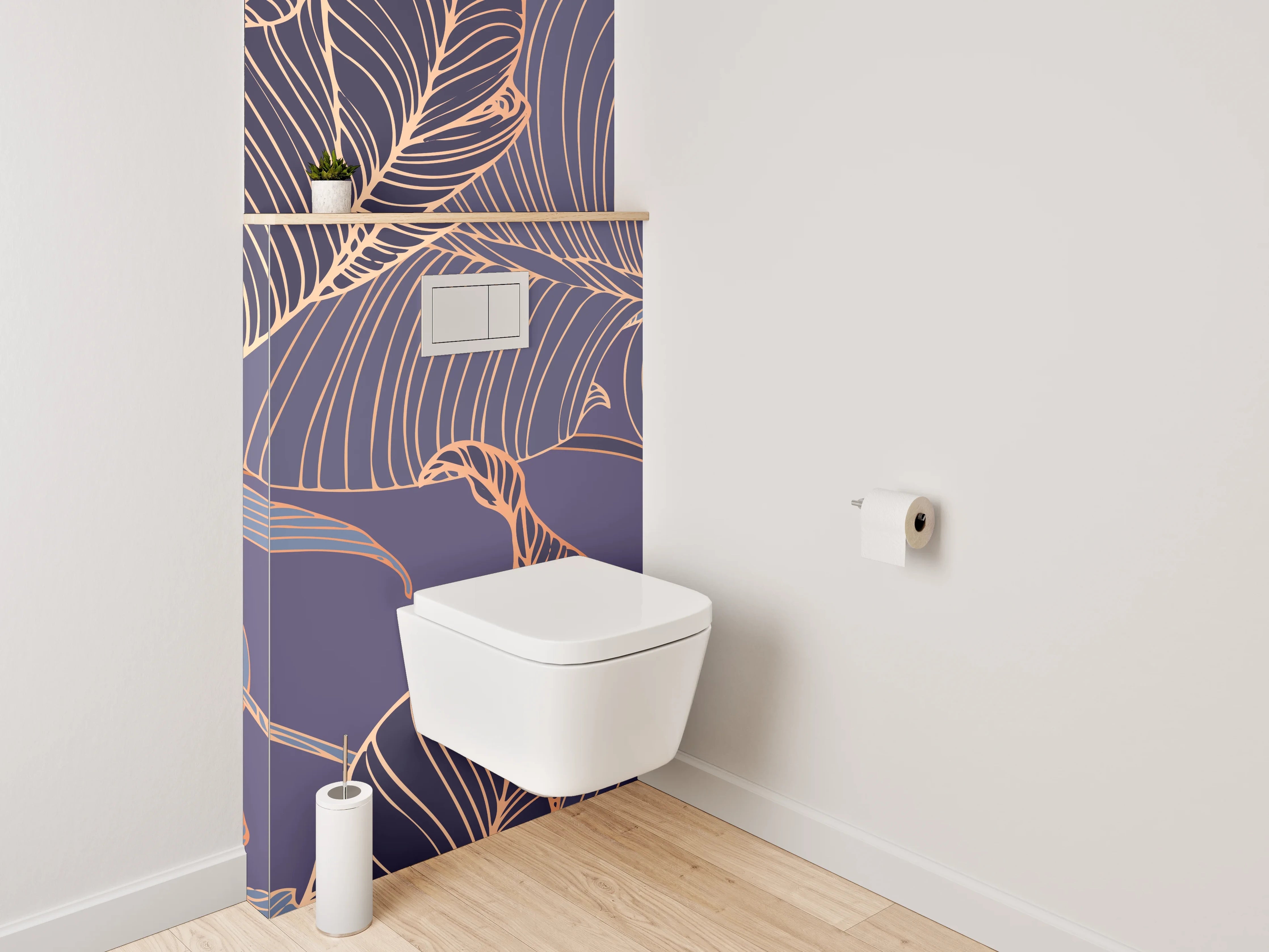 WC-Rückwand - Elegante Lineart-Blätter auf Lila