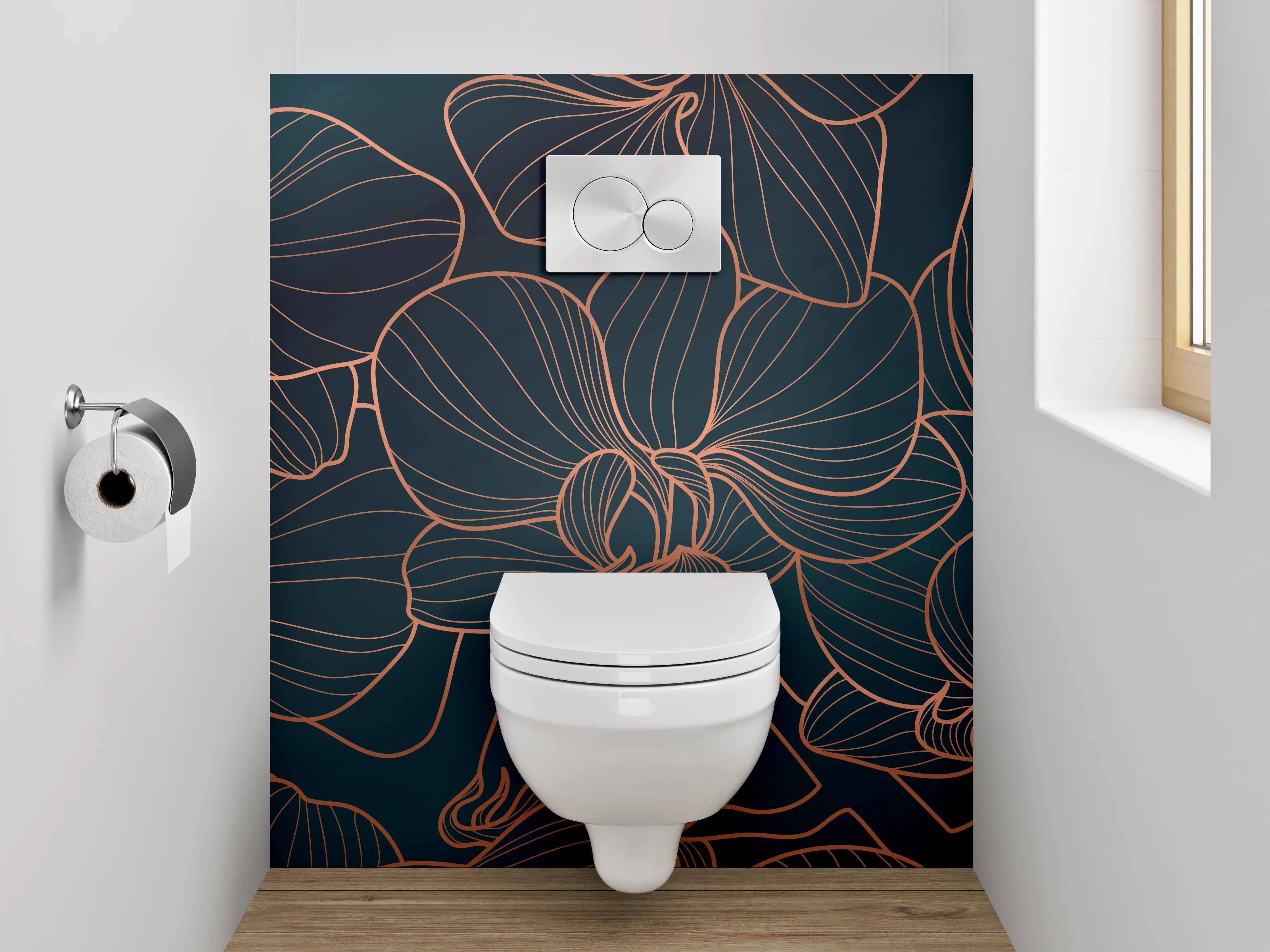 WC-Rückwand - Elegante Lineart-Orchideen auf dunklem Grund