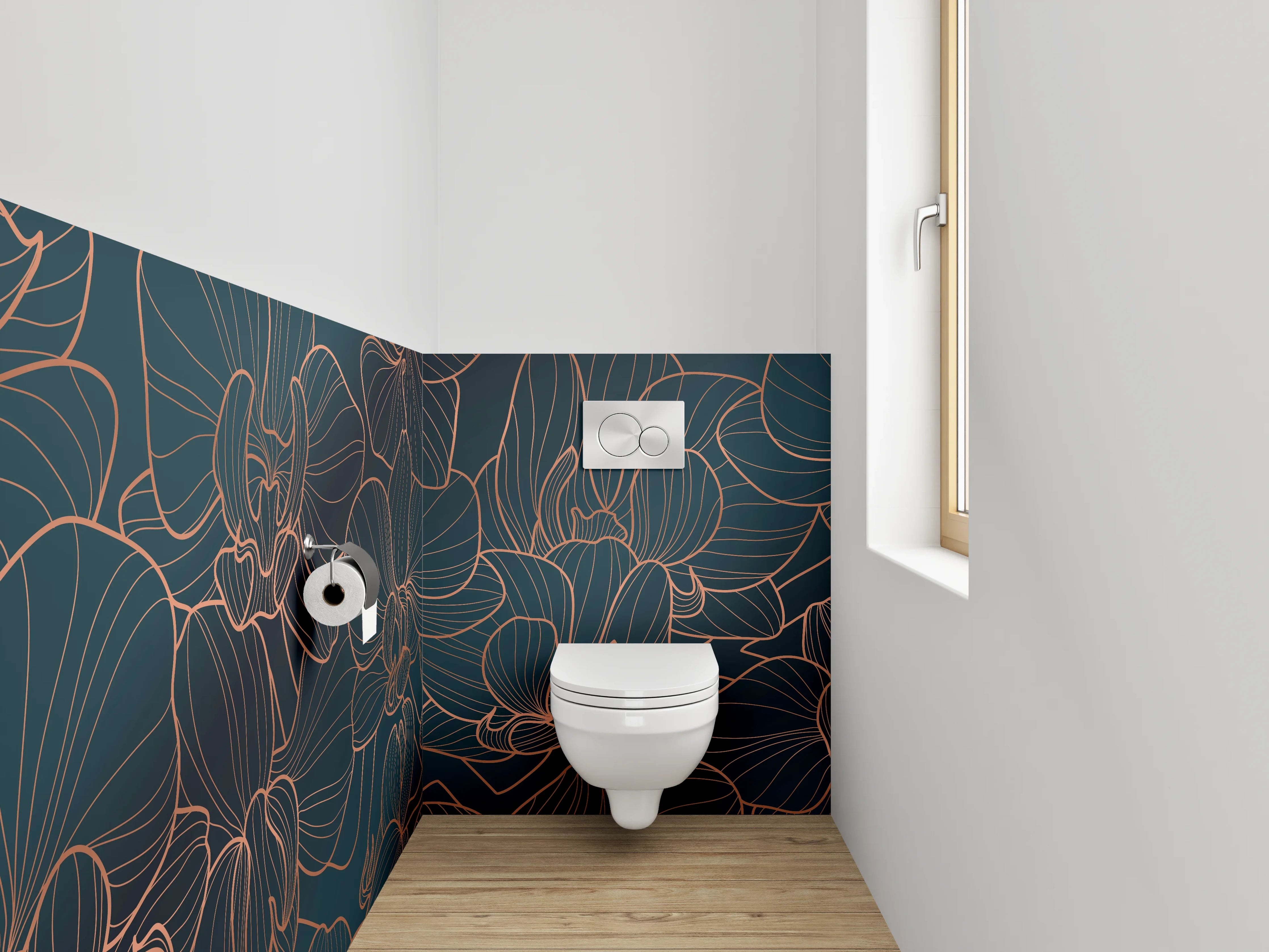 WC-Rückwand - Elegante Lineart-Orchideen auf dunklem Grund