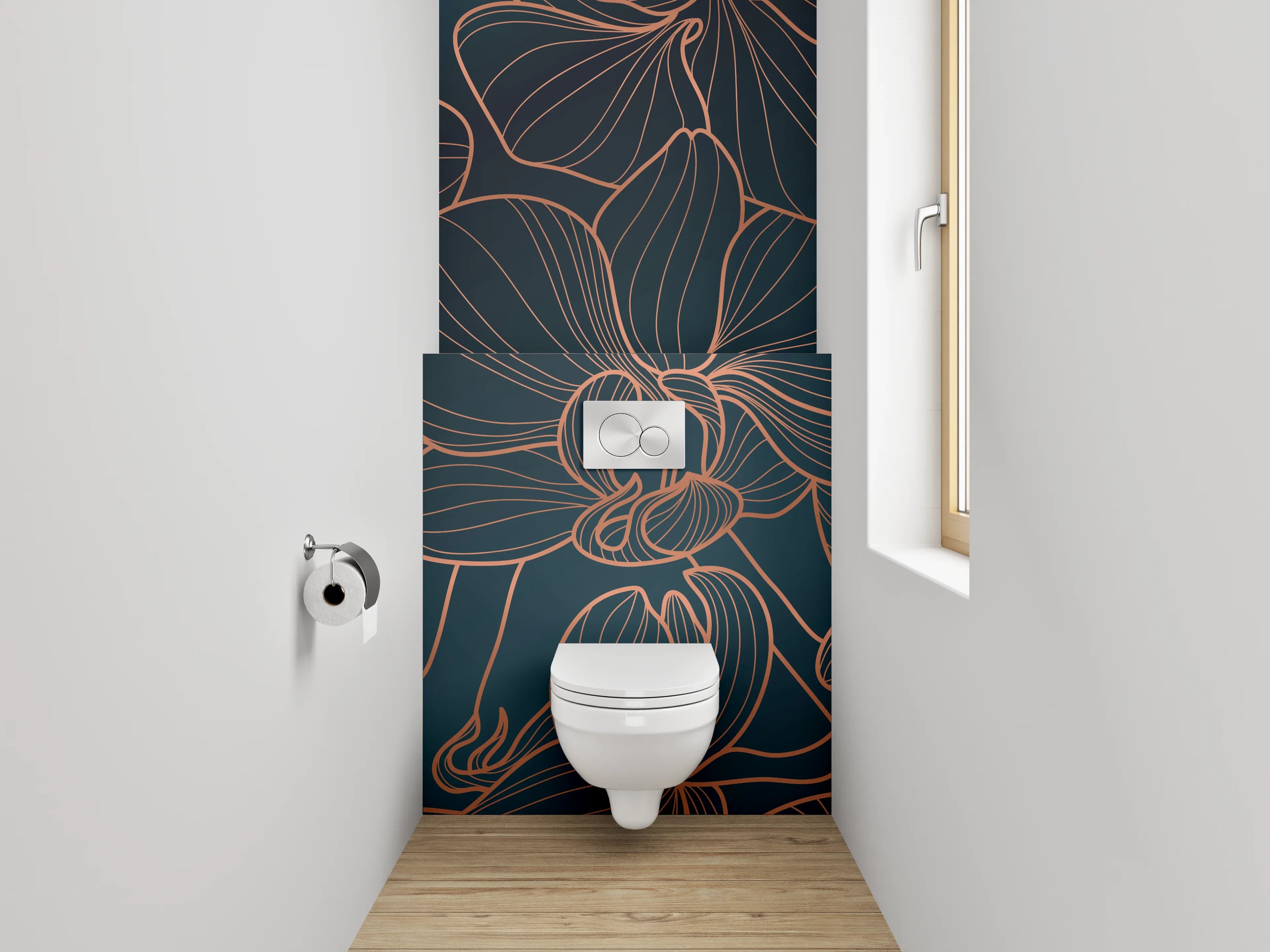 WC-Rückwand - Elegante Lineart-Orchideen auf dunklem Grund