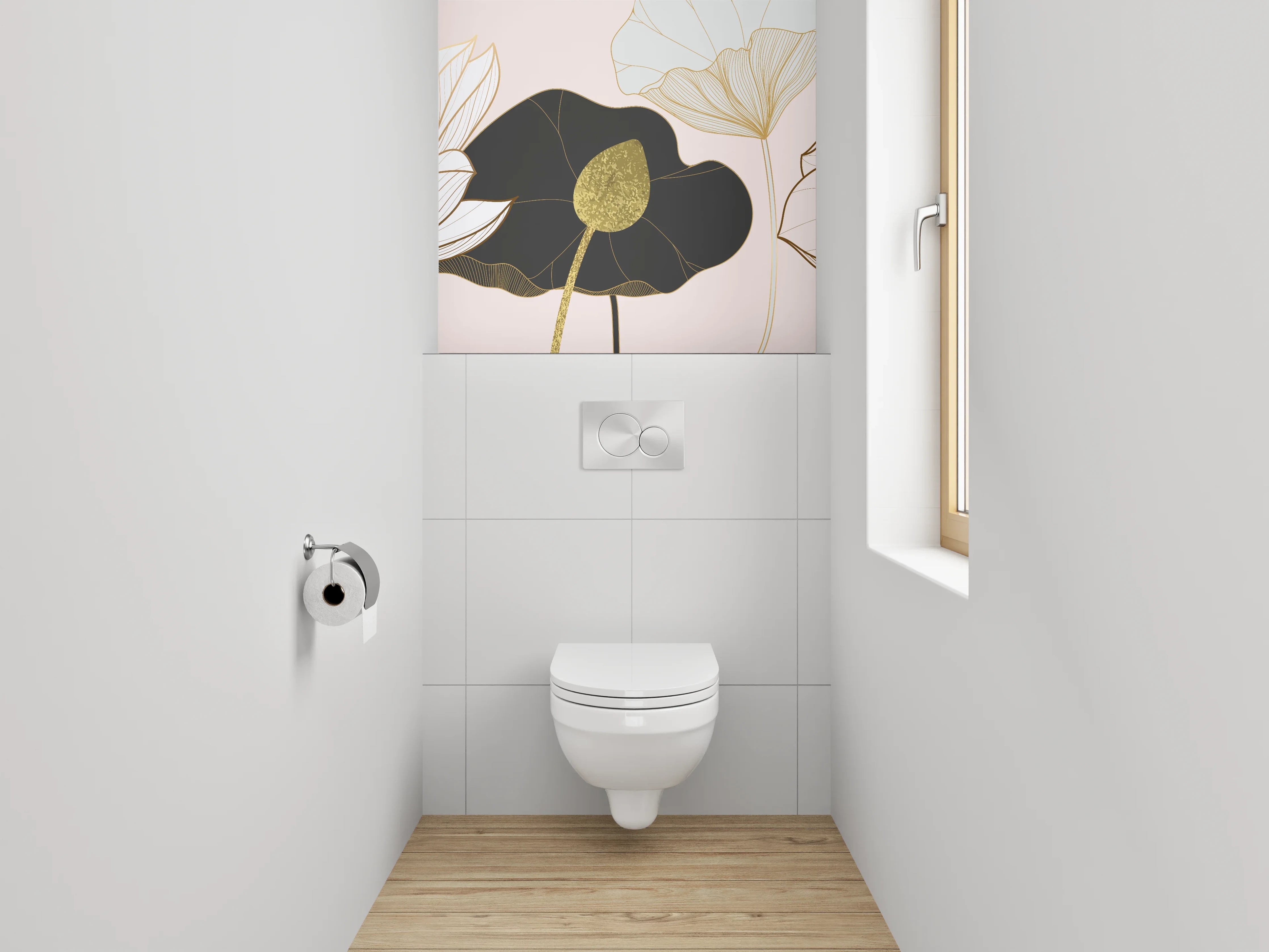 WC-Rückwand - Elegante Lotus Lineart auf hellem Grund