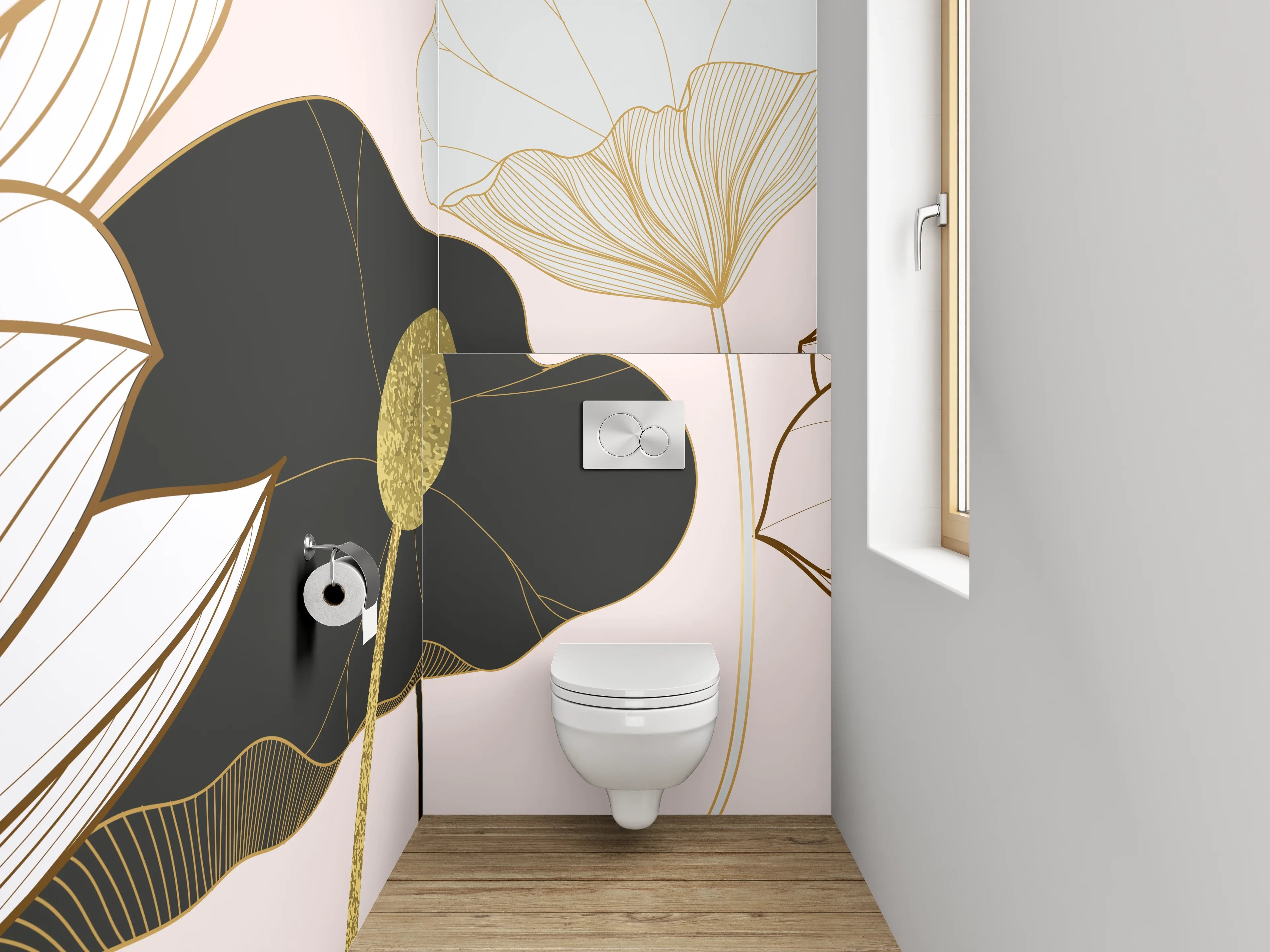 WC-Rückwand - Elegante Lotus Lineart auf hellem Grund
